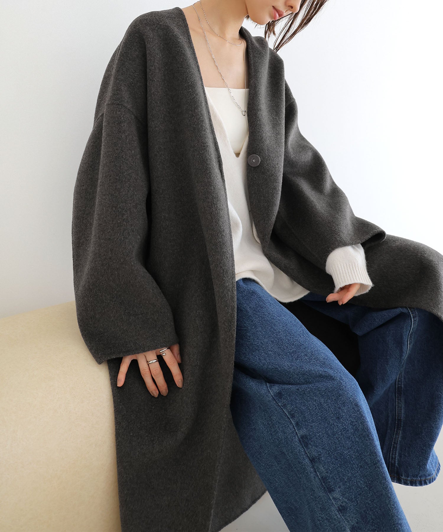 アンドミー andme ノーカラー リバー コクーン コート （チャコールグレー） チャコールグレー