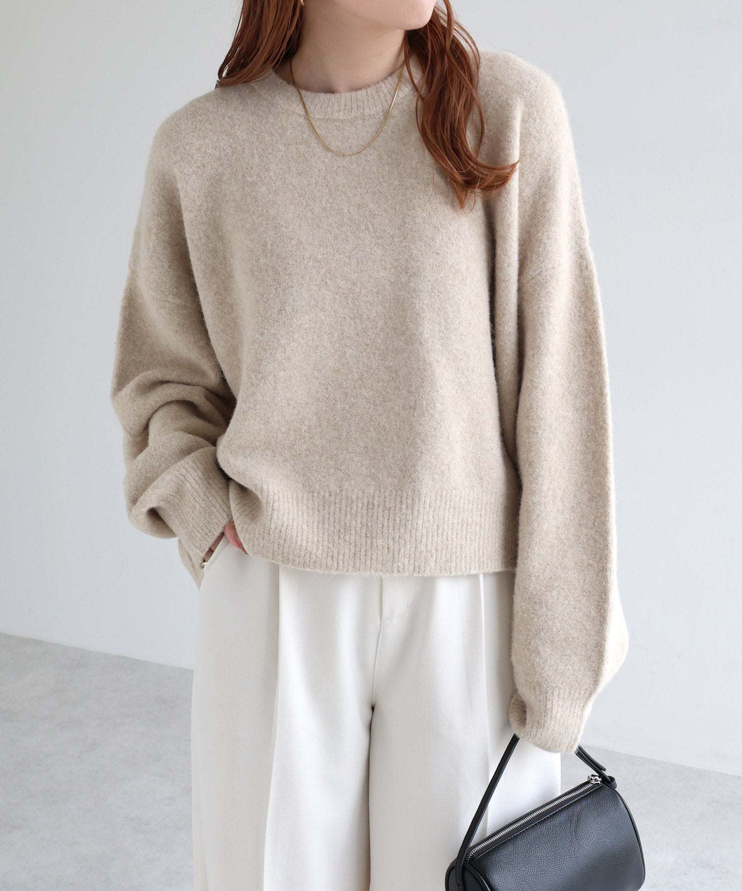 アンドミー andme ボリューム袖 クルーネック ニット トップス （ベージュ） ベージュ