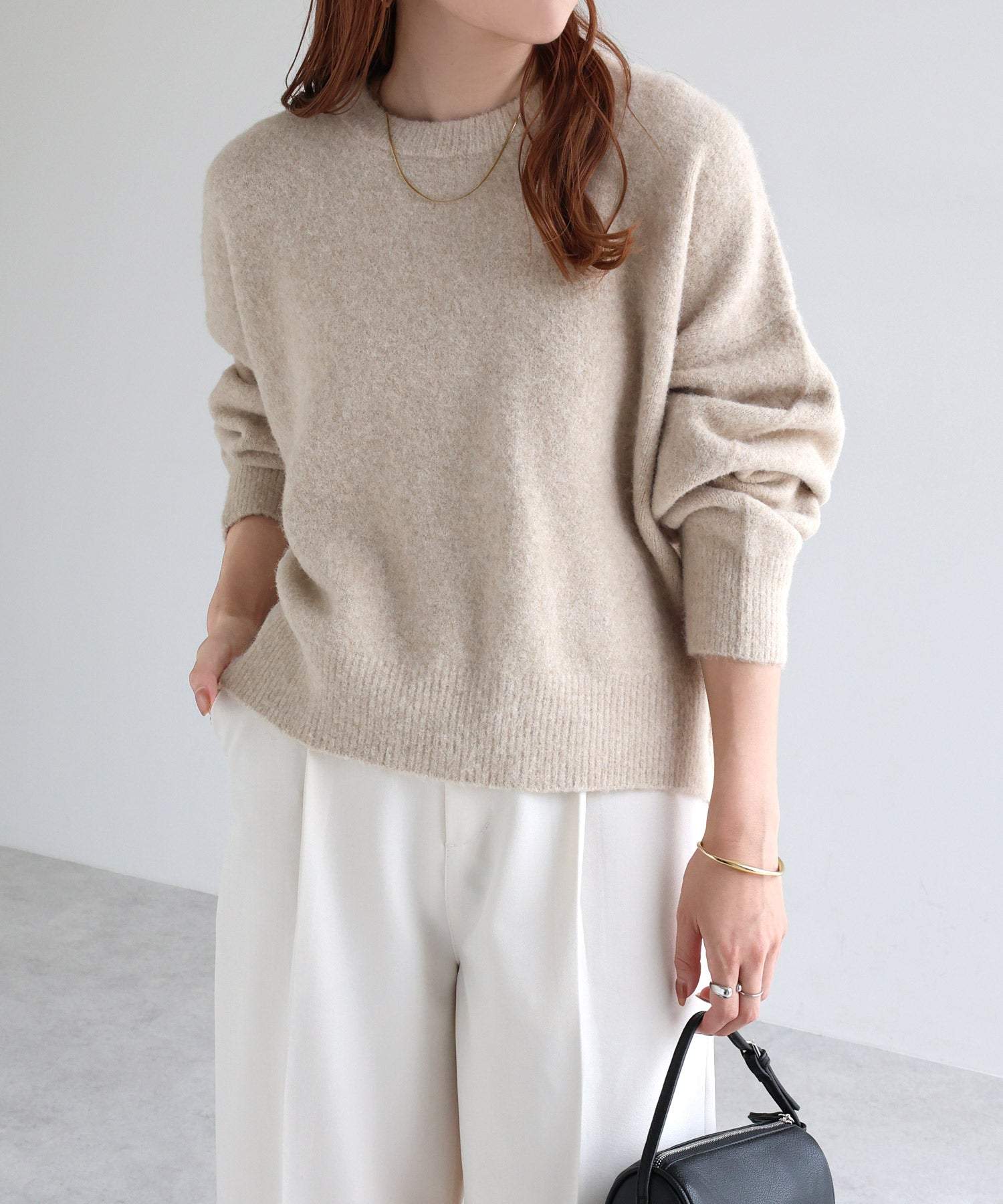 アンドミー andme ボリューム袖 クルーネック ニット トップス （ベージュ） ベージュ