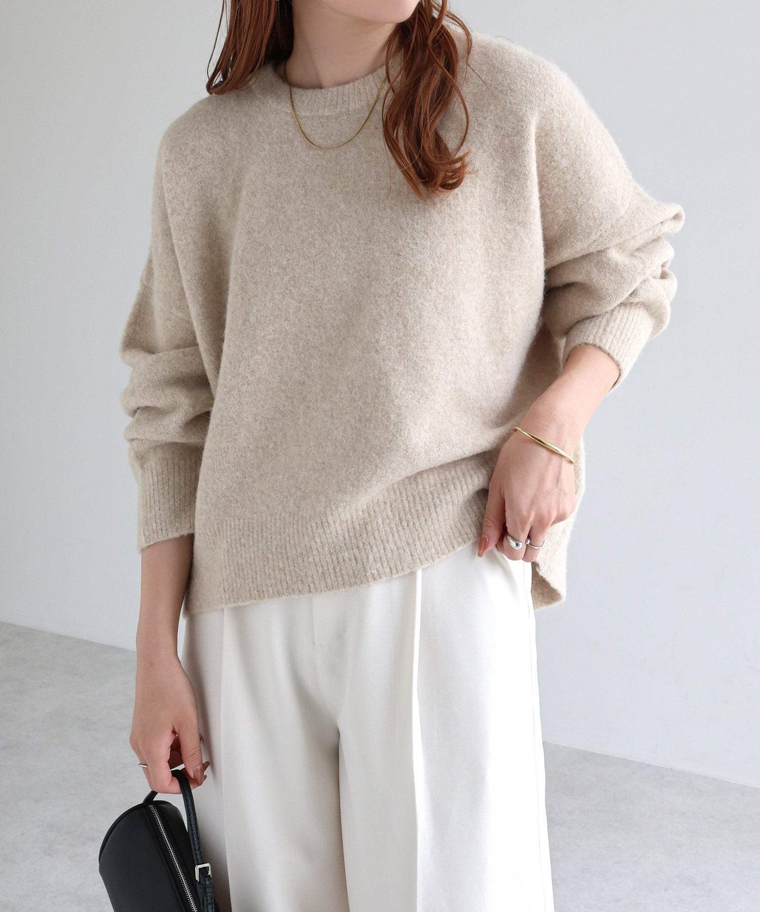 アンドミー andme ボリューム袖 クルーネック ニット トップス （ベージュ） ベージュ