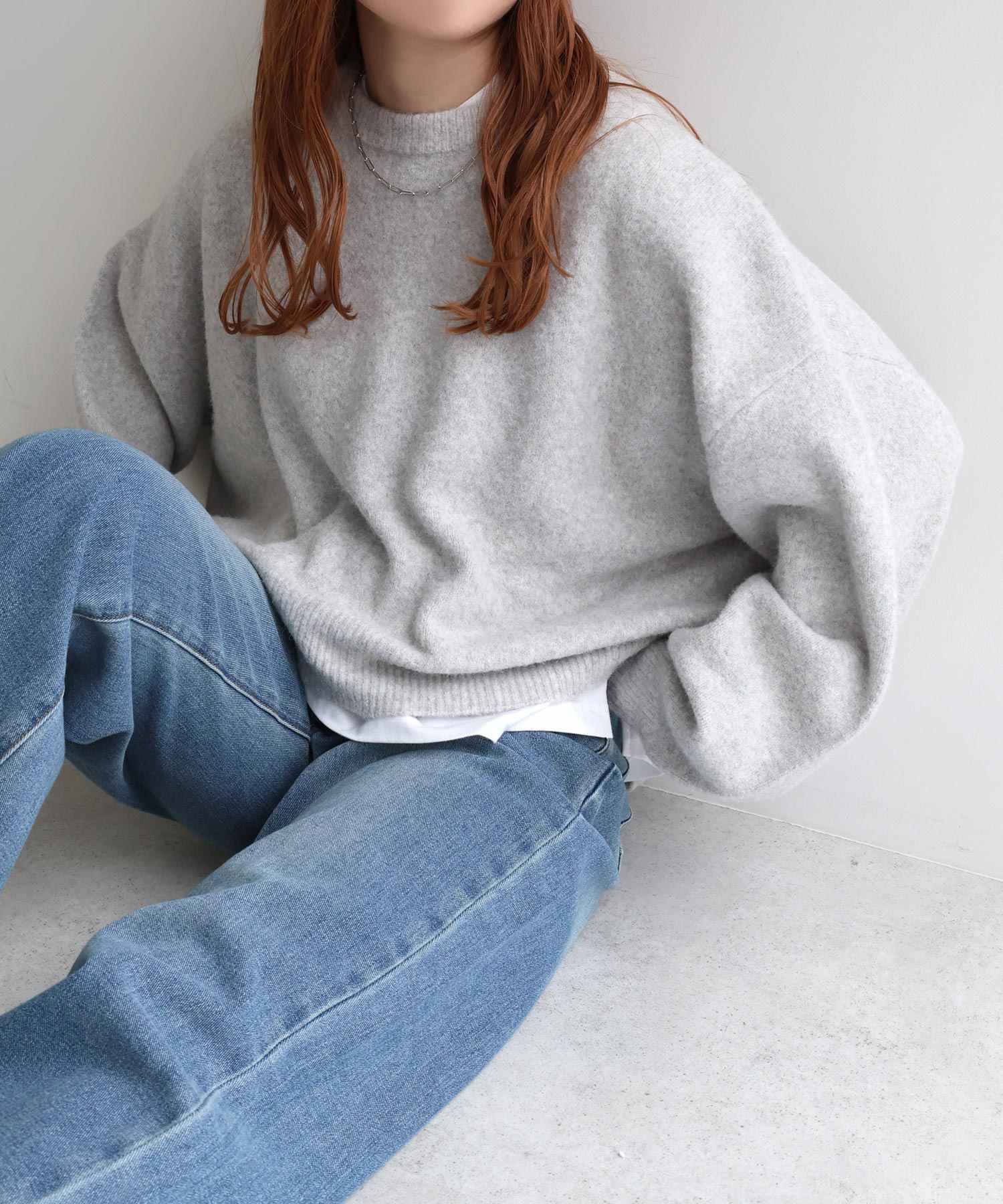 アンドミー andme ボリューム袖 クルーネック ニット トップス （ライトグレー） ライトグレー