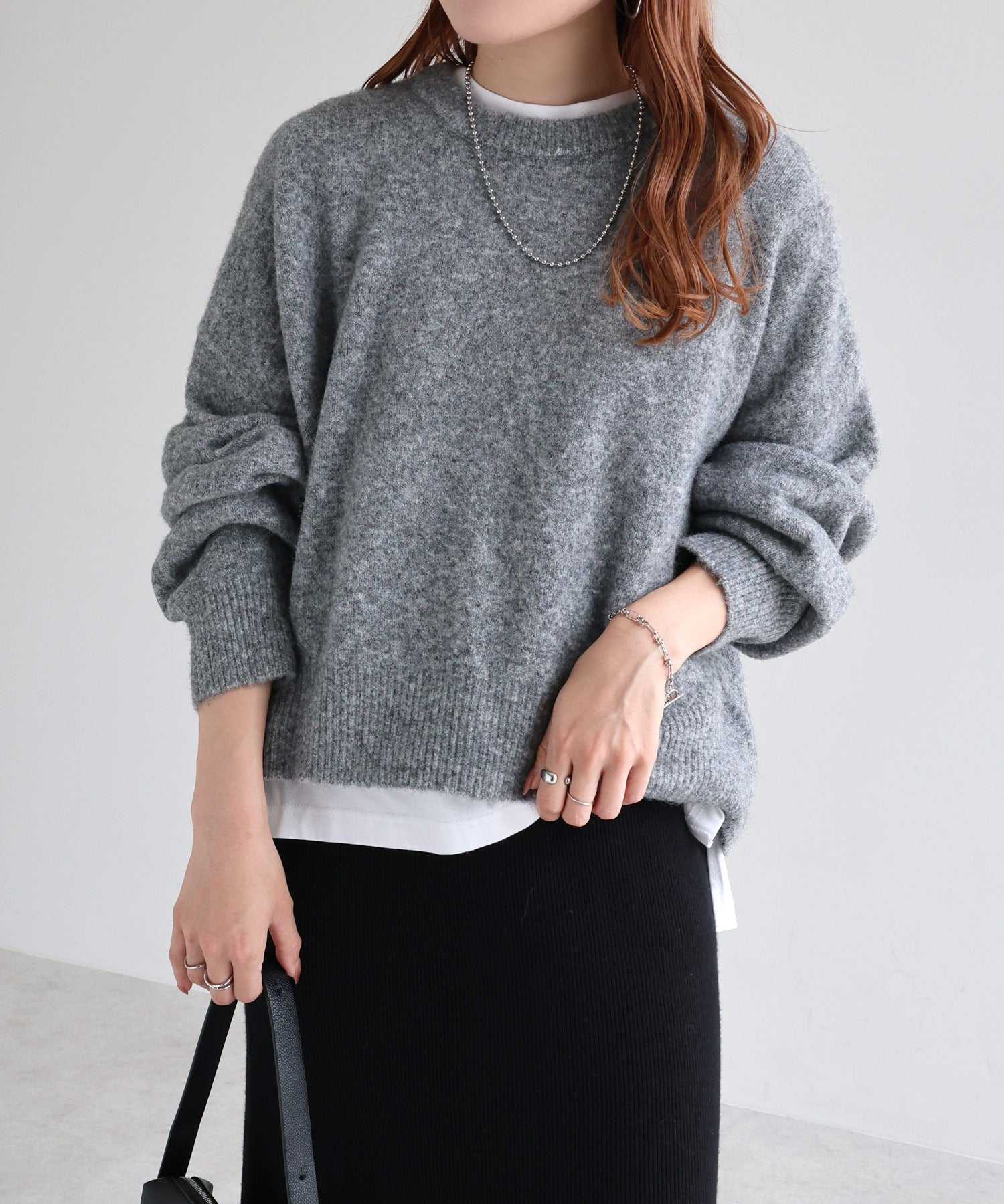 アンドミー andme ボリューム袖 クルーネック ニット トップス （杢チャコールグレー） 杢チャコールグレー