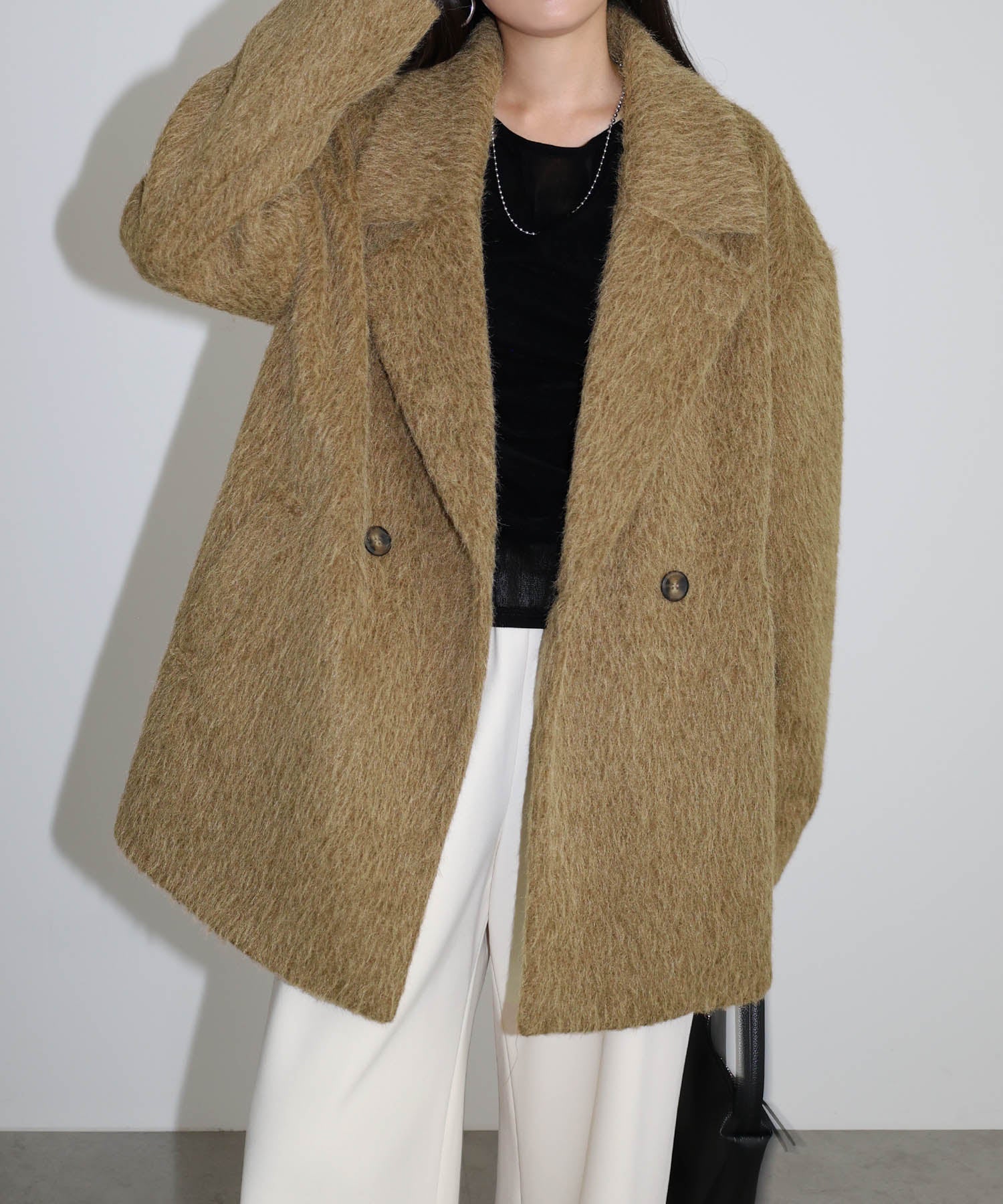 アンドミー andme シャギー 起毛 ミドル丈 ジャケット コート （キャメル） キャメル