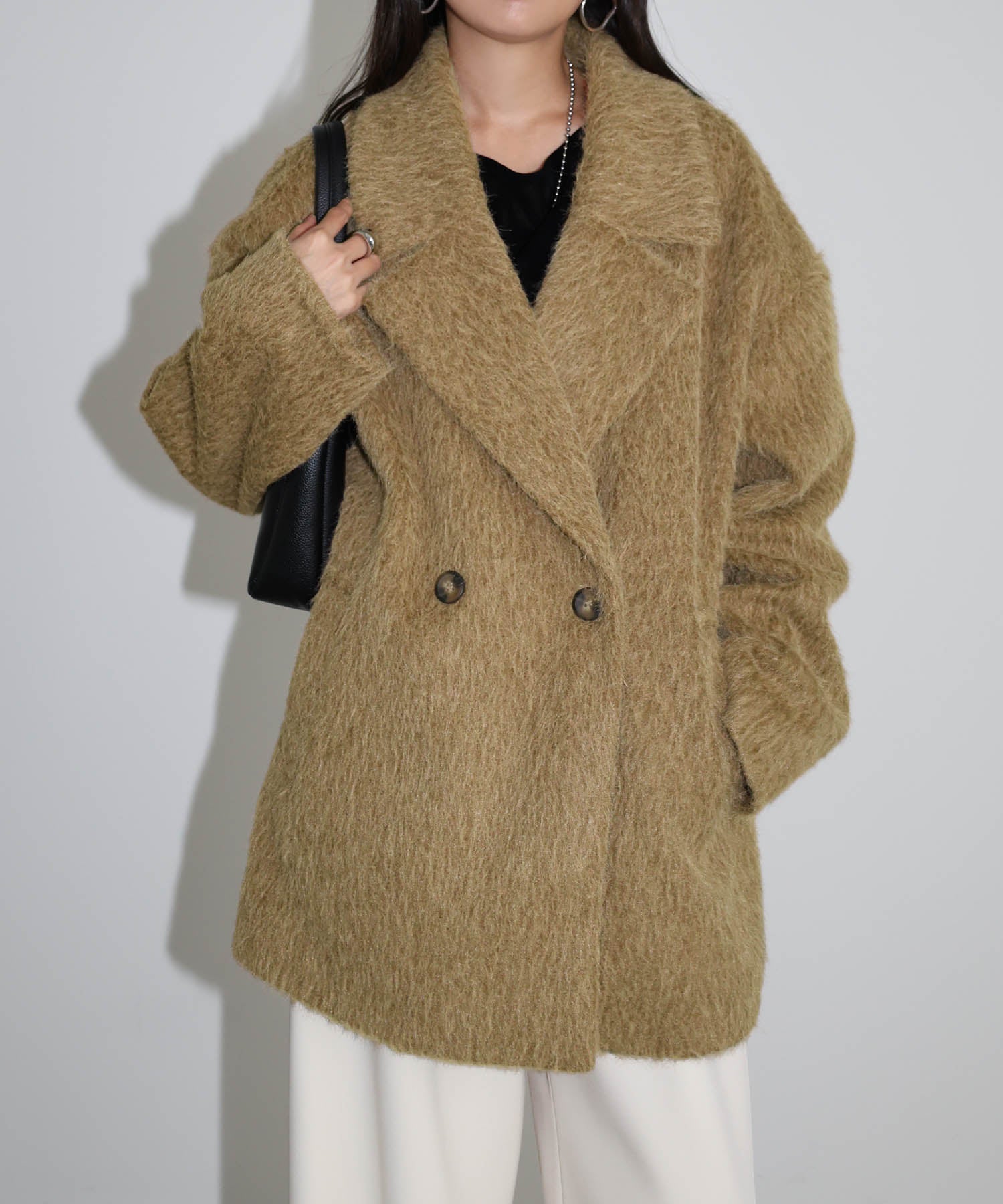 アンドミー andme シャギー 起毛 ミドル丈 ジャケット コート （キャメル） キャメル