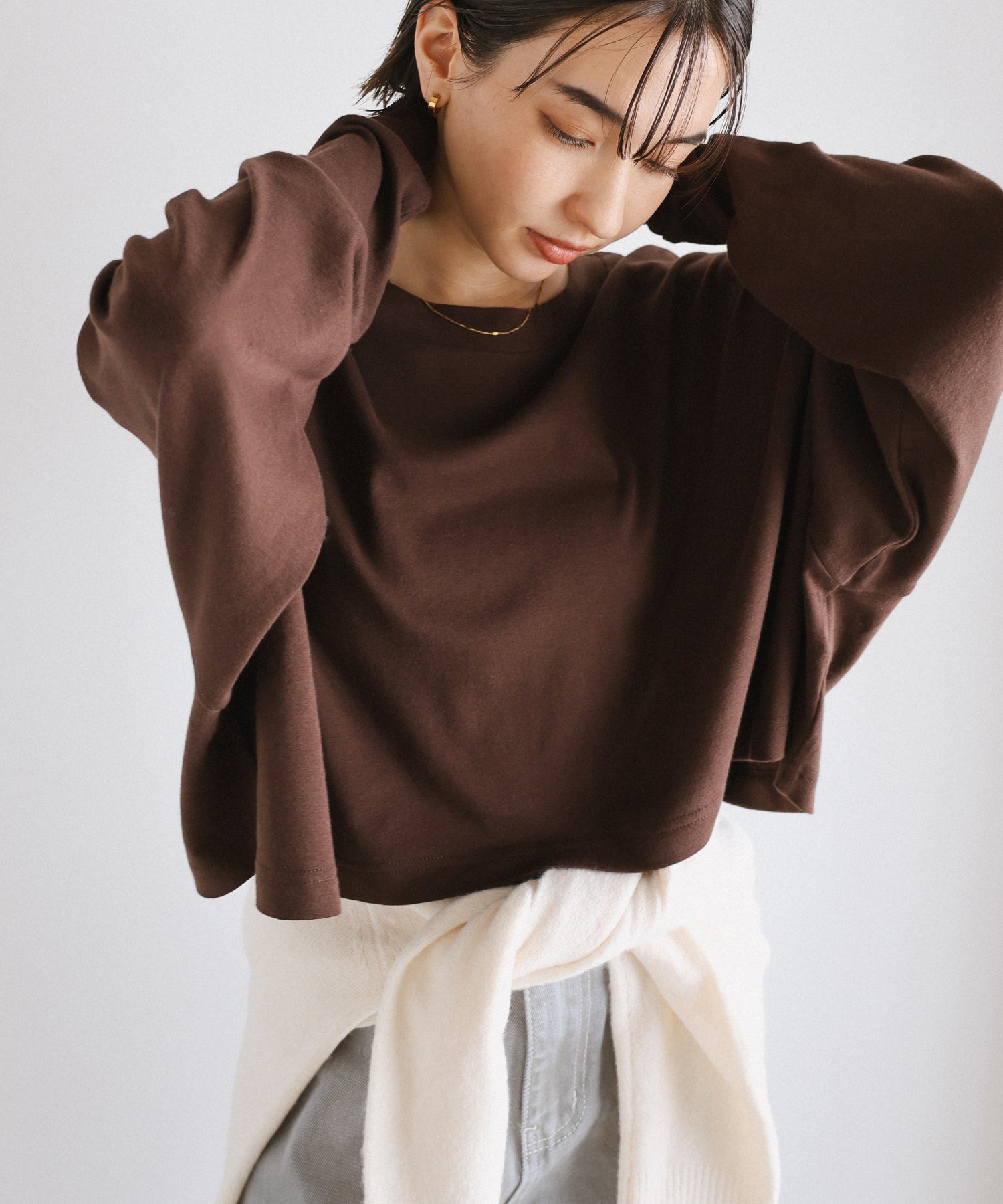 アンドミー andme ソフトフライス 長袖 Tシャツ 《ショート丈 》 （チョコレートブラウン） チョコレートブラウン