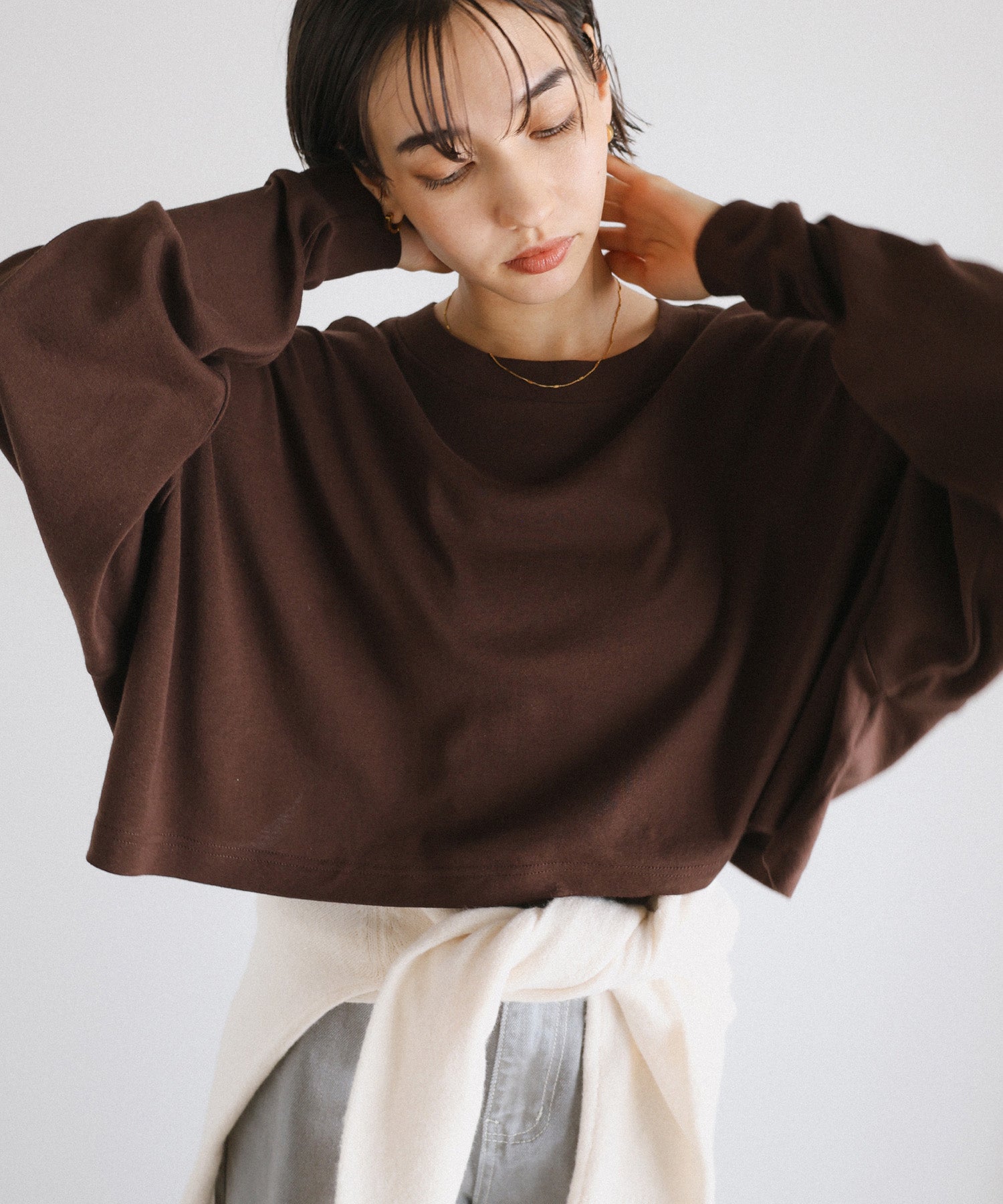 アンドミー andme ソフトフライス 長袖 Tシャツ 《ショート丈 》 （チョコレートブラウン） チョコレートブラウン