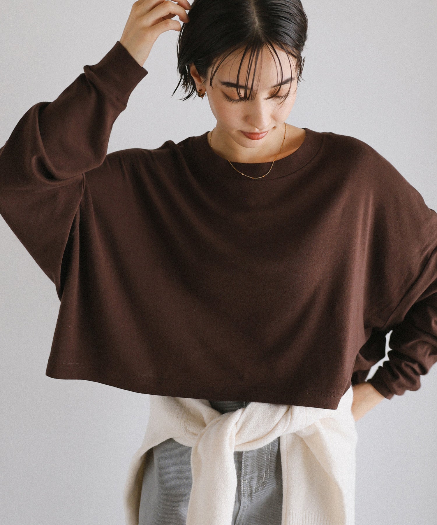 アンドミー andme ソフトフライス 長袖 Tシャツ 《ショート丈 》 （チョコレートブラウン） チョコレートブラウン