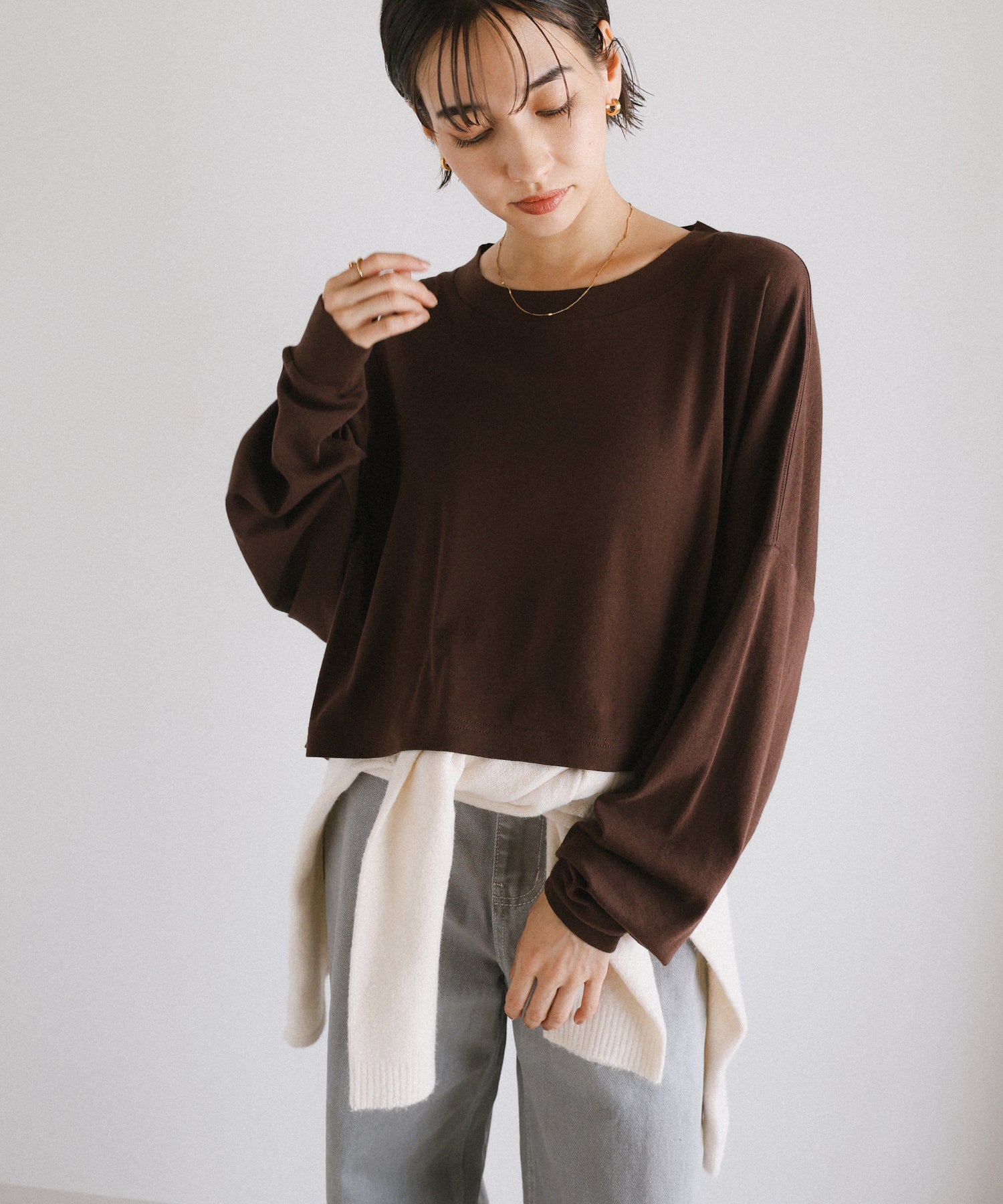 アンドミー andme ソフトフライス 長袖 Tシャツ 《ショート丈 》 （チョコレートブラウン） チョコレートブラウン