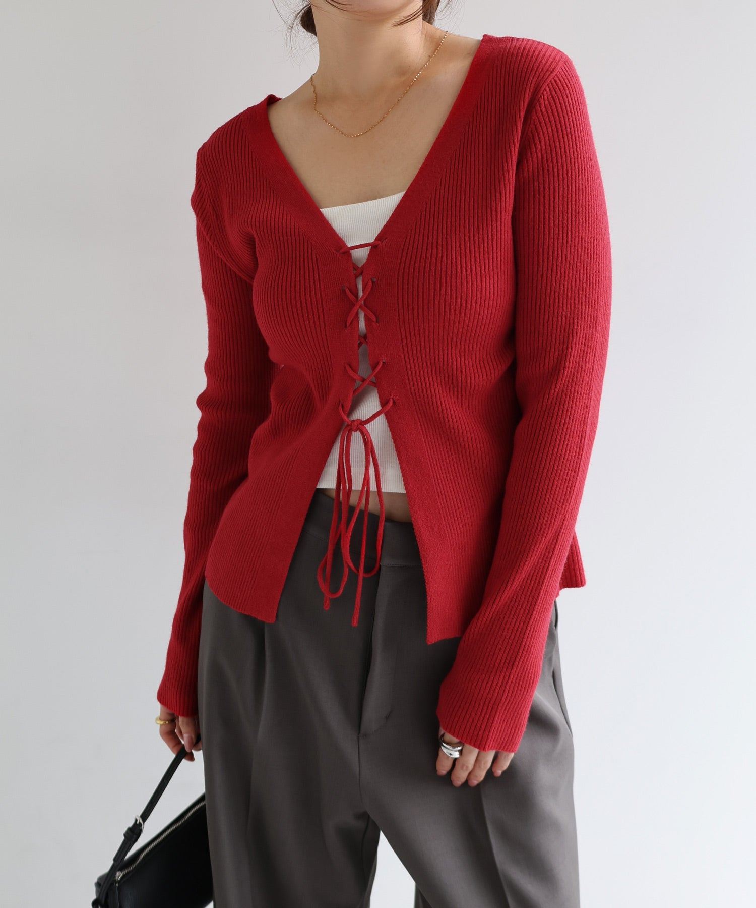 アンドミー andme レースアップ リボン 2way リブ ニット トップス （レッド） レッド