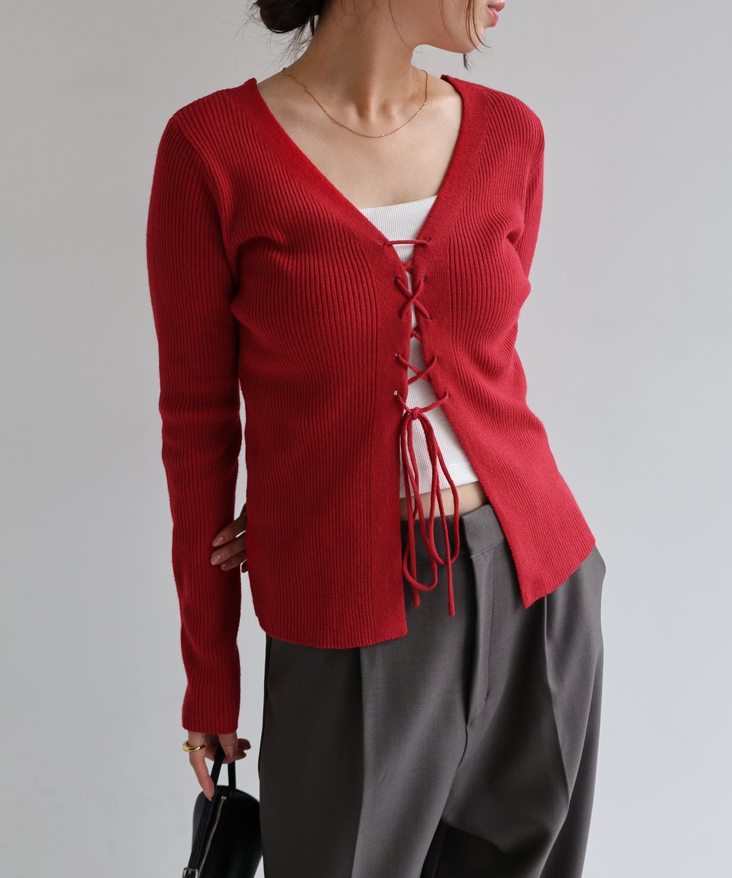 アンドミー andme レースアップ リボン 2way リブ ニット トップス （レッド） レッド