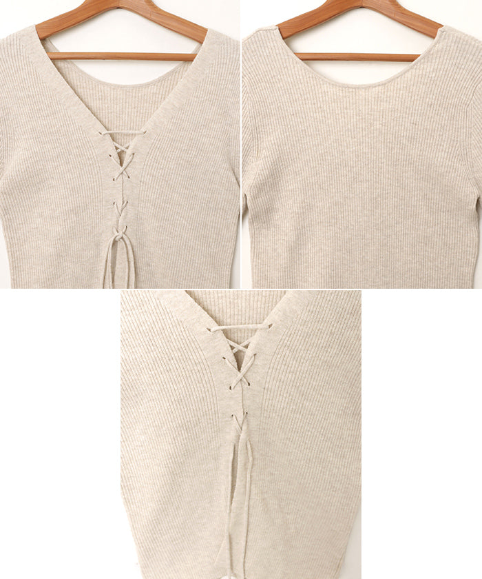 アンドミー andme レースアップ リボン 2way リブ ニット トップス （レッド） レッド