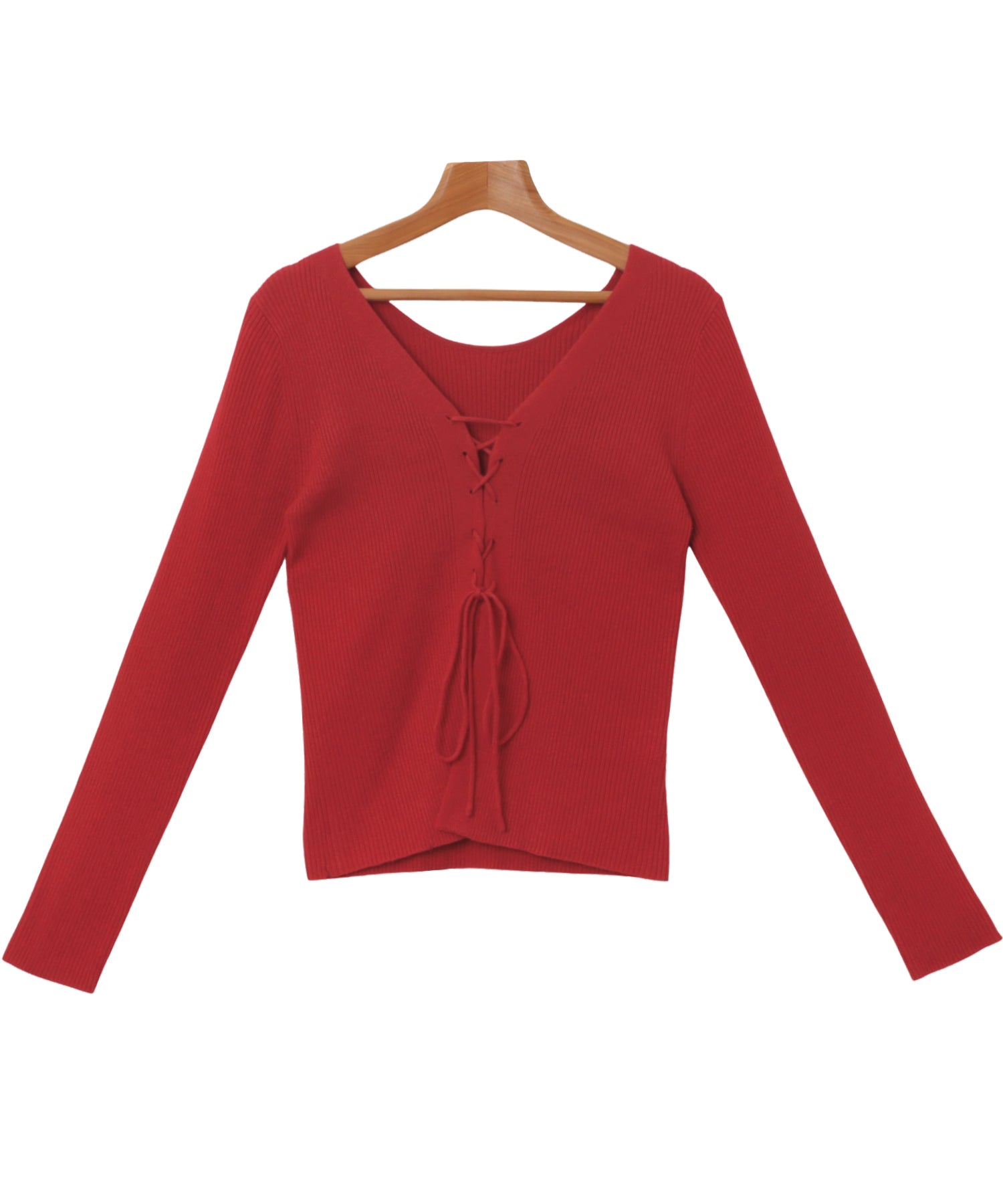 アンドミー andme レースアップ リボン 2way リブ ニット トップス （レッド） レッド