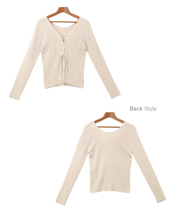 アンドミー andme レースアップ リボン 2way リブ ニット トップス （レッド） レッド