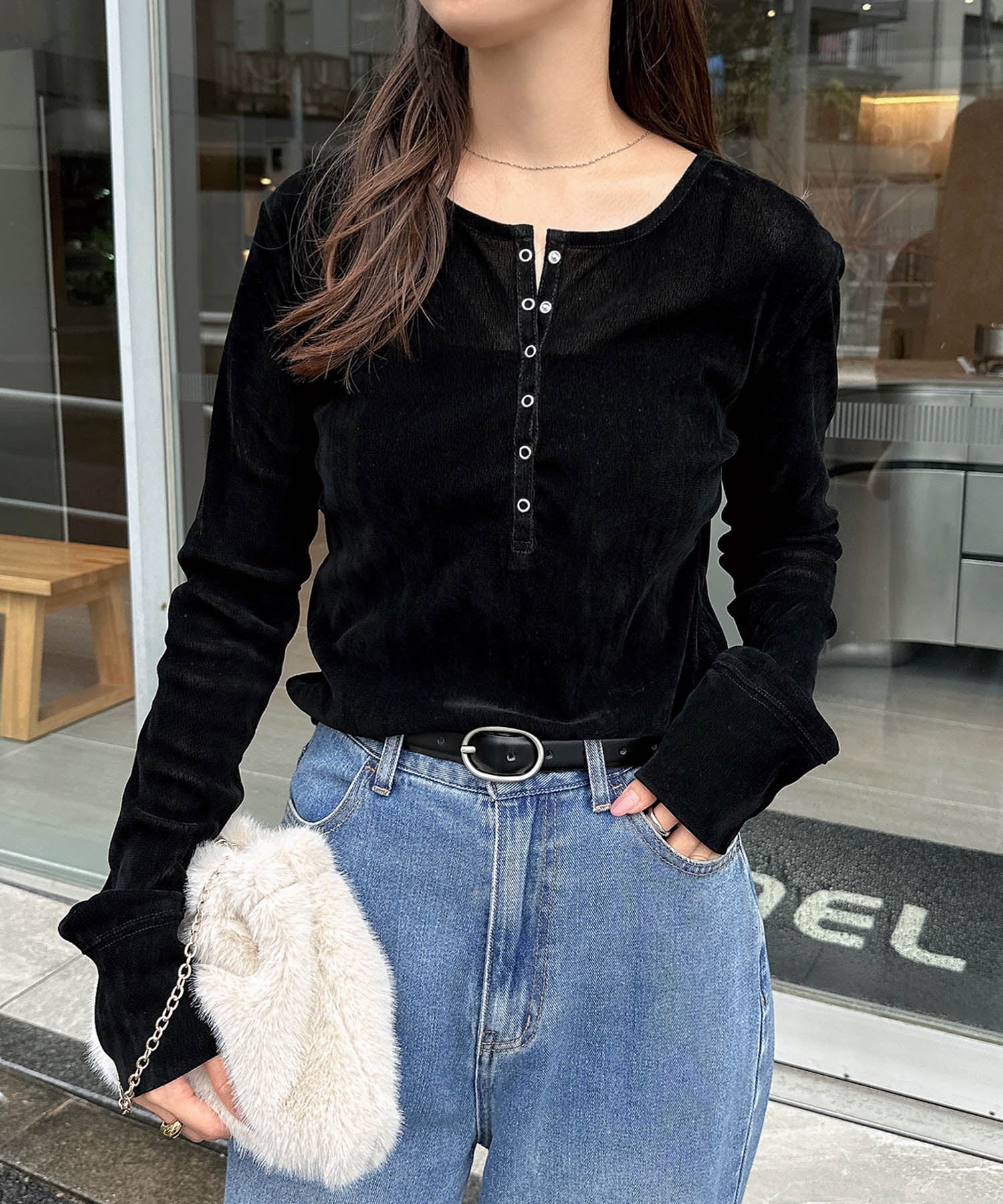 アンドミー andme ベロア チュール ヘンリーネック 長袖 トップス （ブラック） ブラック