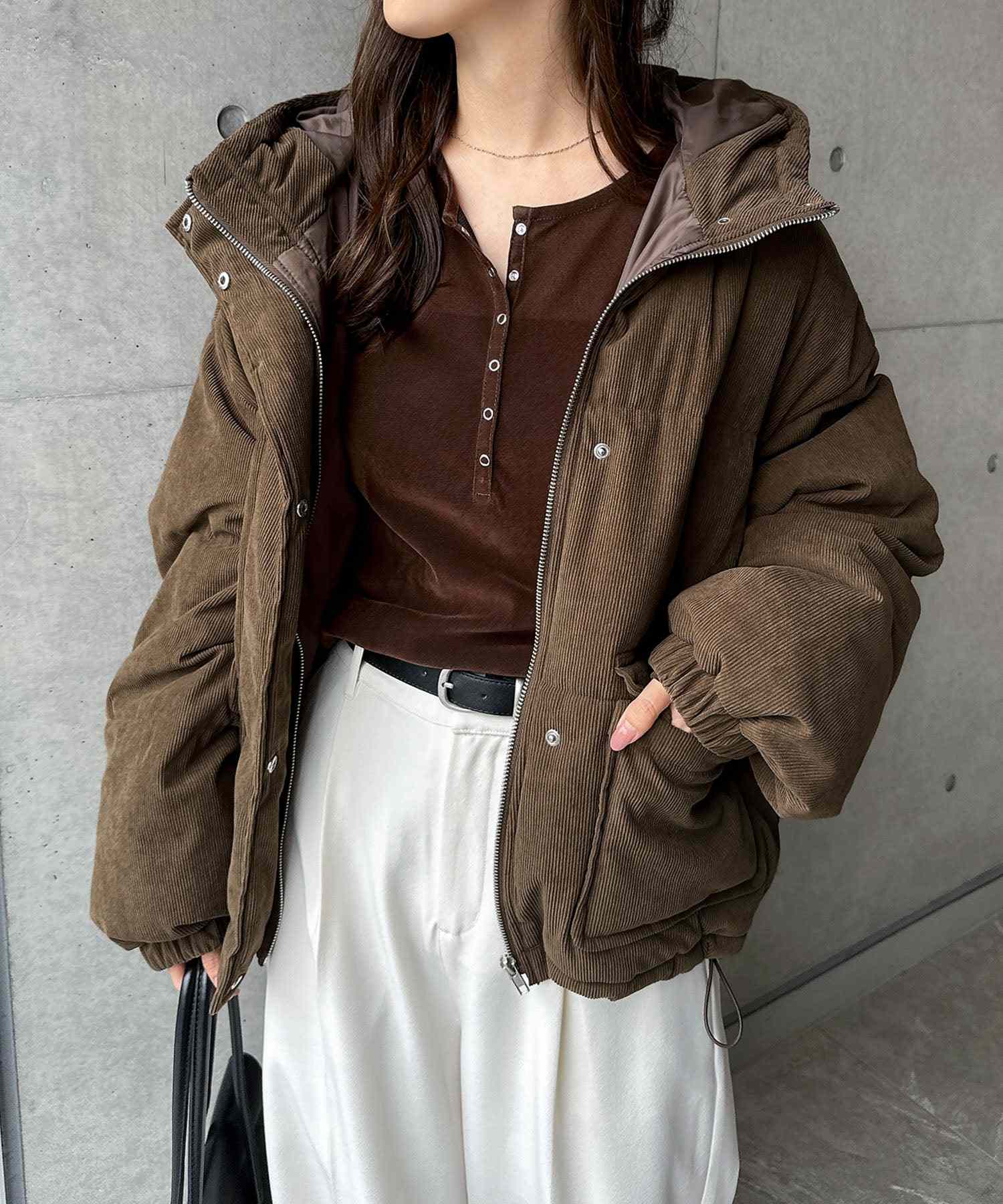 アンドミー andme 細コーデュロイ 中綿 ダウン ジャケット （ブラウン） ブラウン