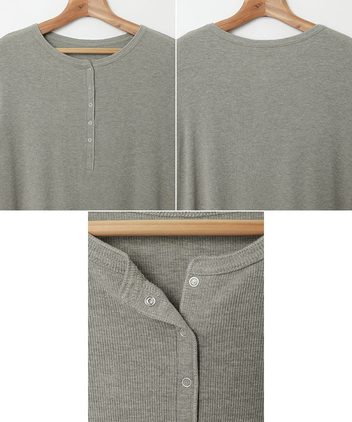 アンドミー andme テレコリブ ヘンリーネック 長袖 Tシャツ （ブラック） ブラック