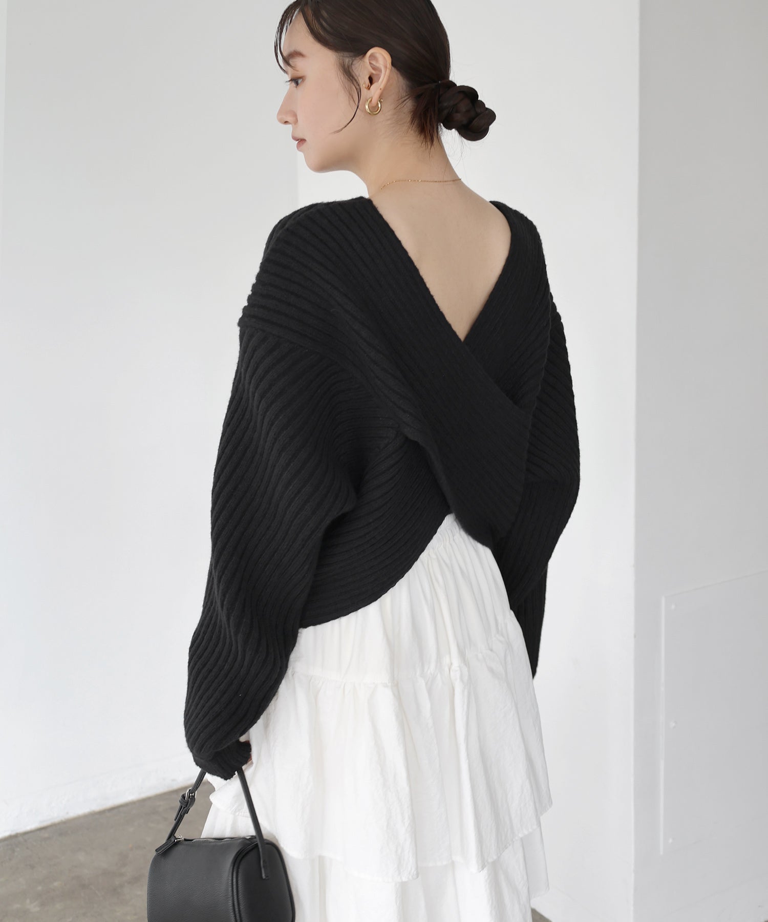 アンドミー andme クロスデザイン 2way リブ ニット トップス （ブラック） ブラック