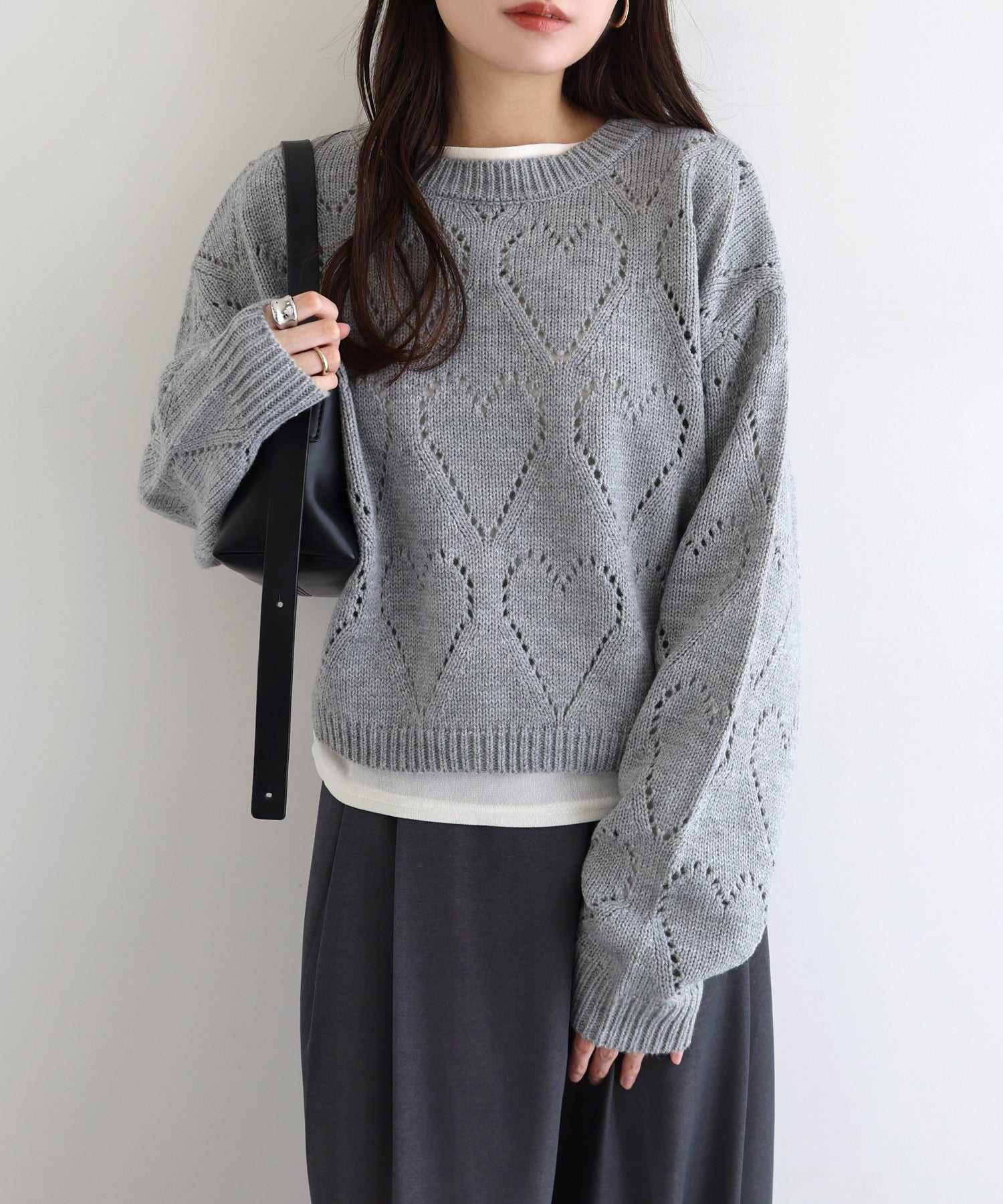 アンドミー andme ショート丈 ハート アイレット ニット トップス （杢グレー） 杢グレー