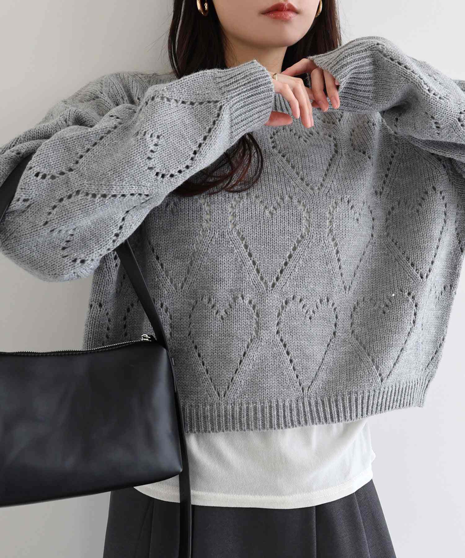 アンドミー andme ショート丈 ハート アイレット ニット トップス （杢グレー） 杢グレー