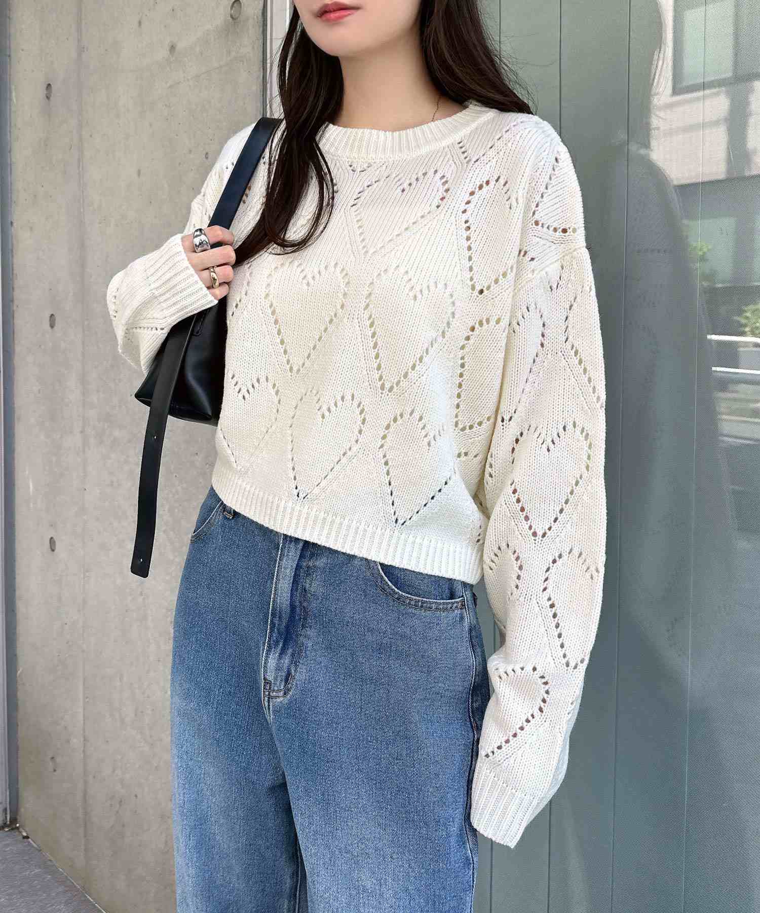 アンドミー andme ショート丈 ハート アイレット ニット トップス （オフホワイト） オフホワイト