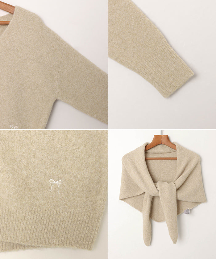 アンドミー andme 同色 ストール付き リボン 刺繍 ニット カーディガン （ベージュ） ベージュ