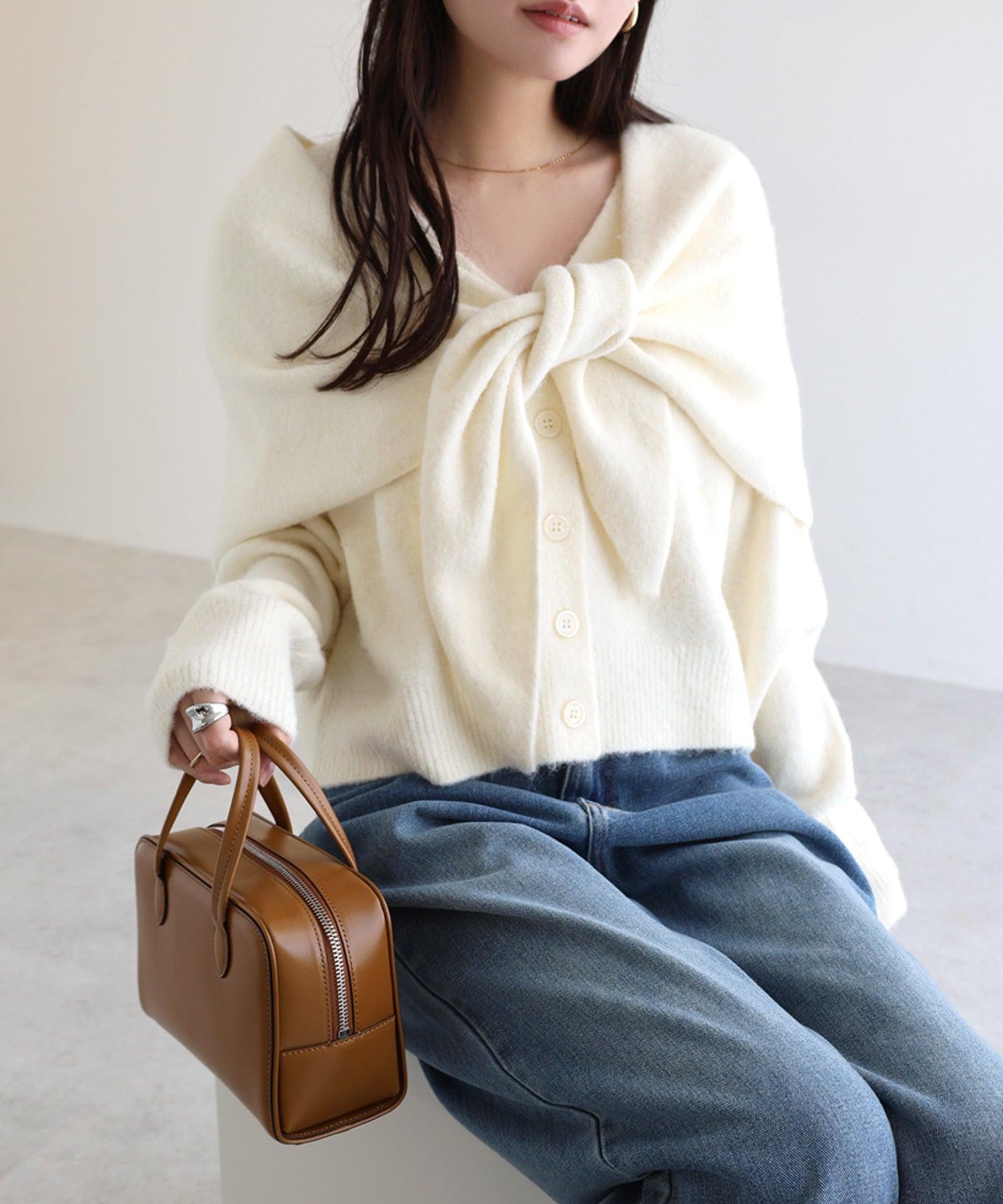 アンドミー andme 同色 ストール付き リボン 刺繍 ニット カーディガン （アイボリー） アイボリー