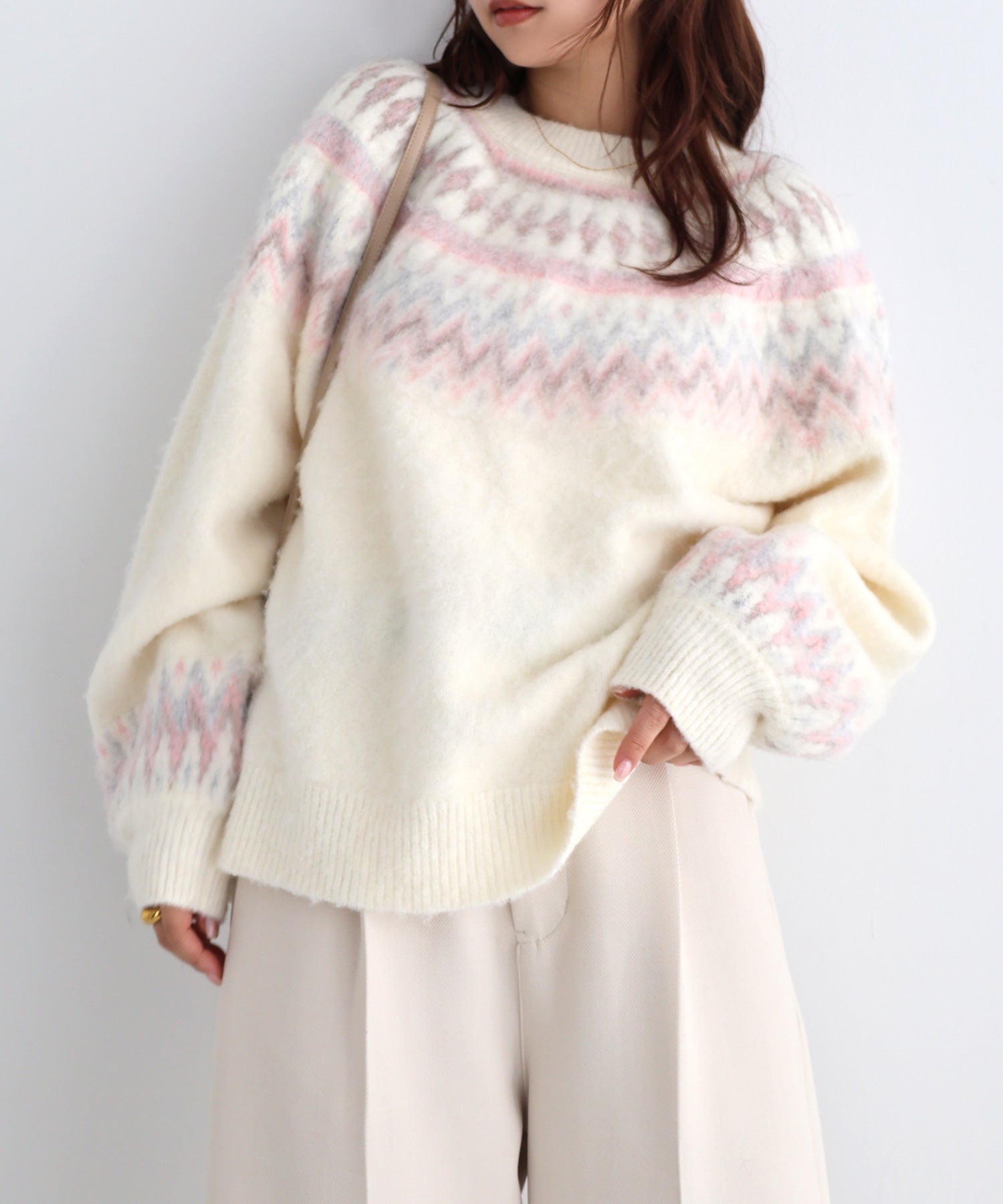 アンドミー andme ノルディック柄 長袖 ニット トップス （オフホワイト） オフホワイト