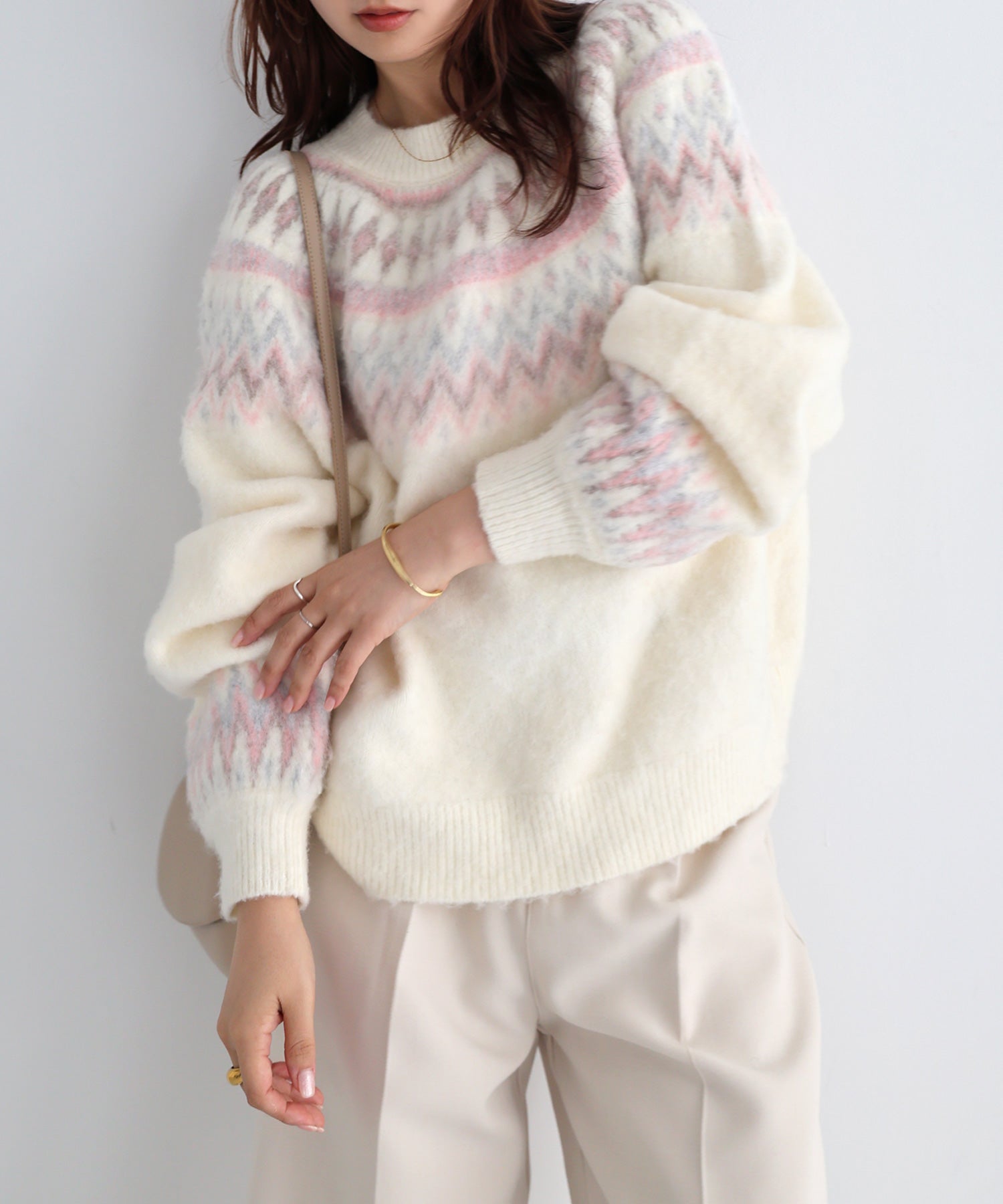 アンドミー andme ノルディック柄 長袖 ニット トップス （オフホワイト） オフホワイト