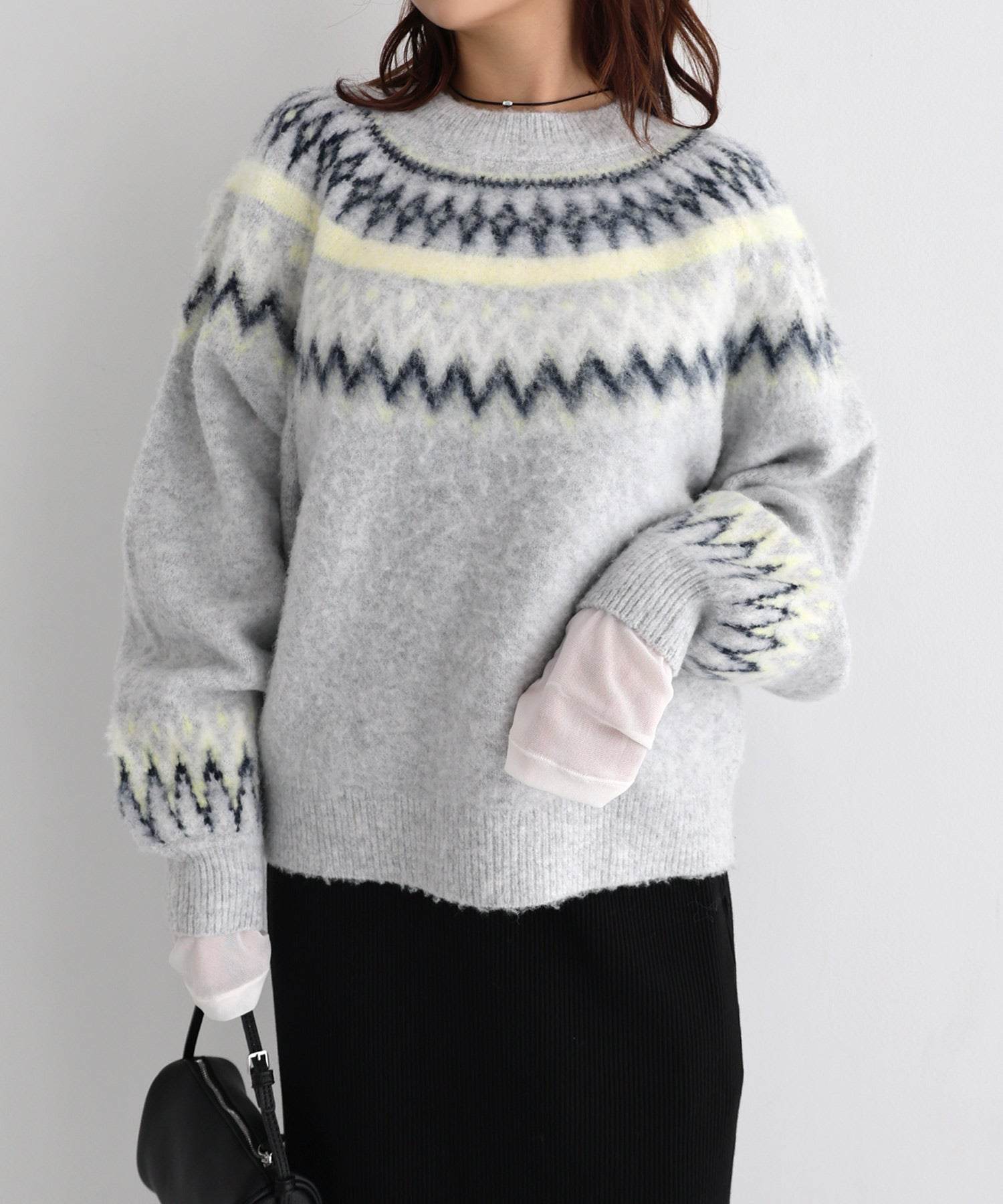 アンドミー andme ノルディック柄 長袖 ニット トップス （グレー） グレー