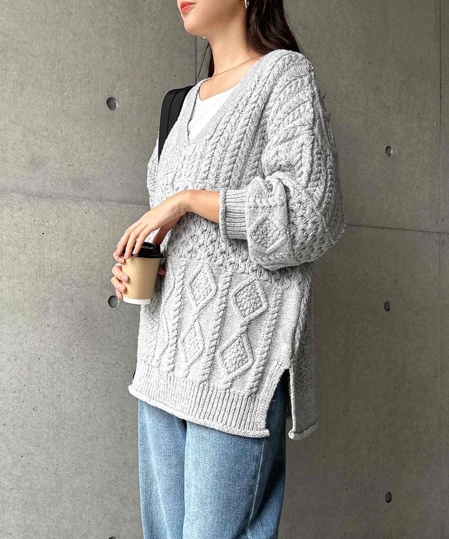 アンドミー andme ケーブル編み オーバーサイズ ニット トップス （グレー） グレー