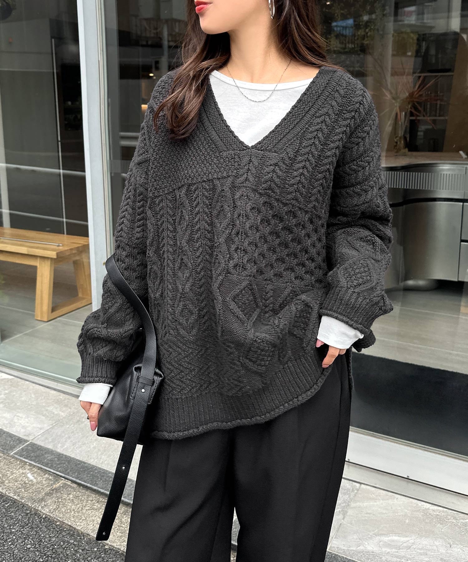 アンドミー andme ケーブル編み オーバーサイズ ニット トップス （チャコールグレー） チャコールグレー