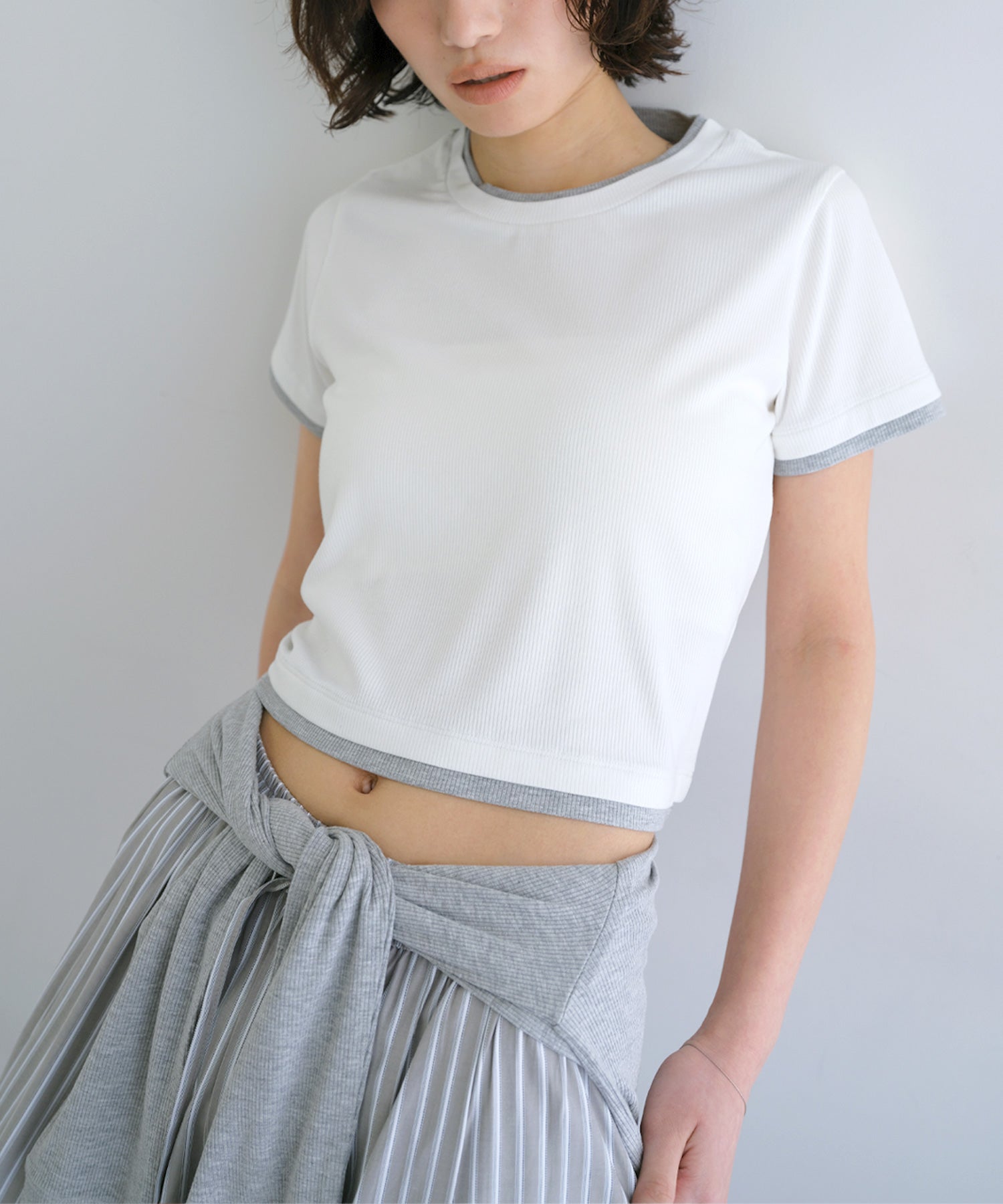 アンドミー andme テレコリブ バイカラー 半袖 トップス ANME アンメ （オフホワイト） オフホワイト