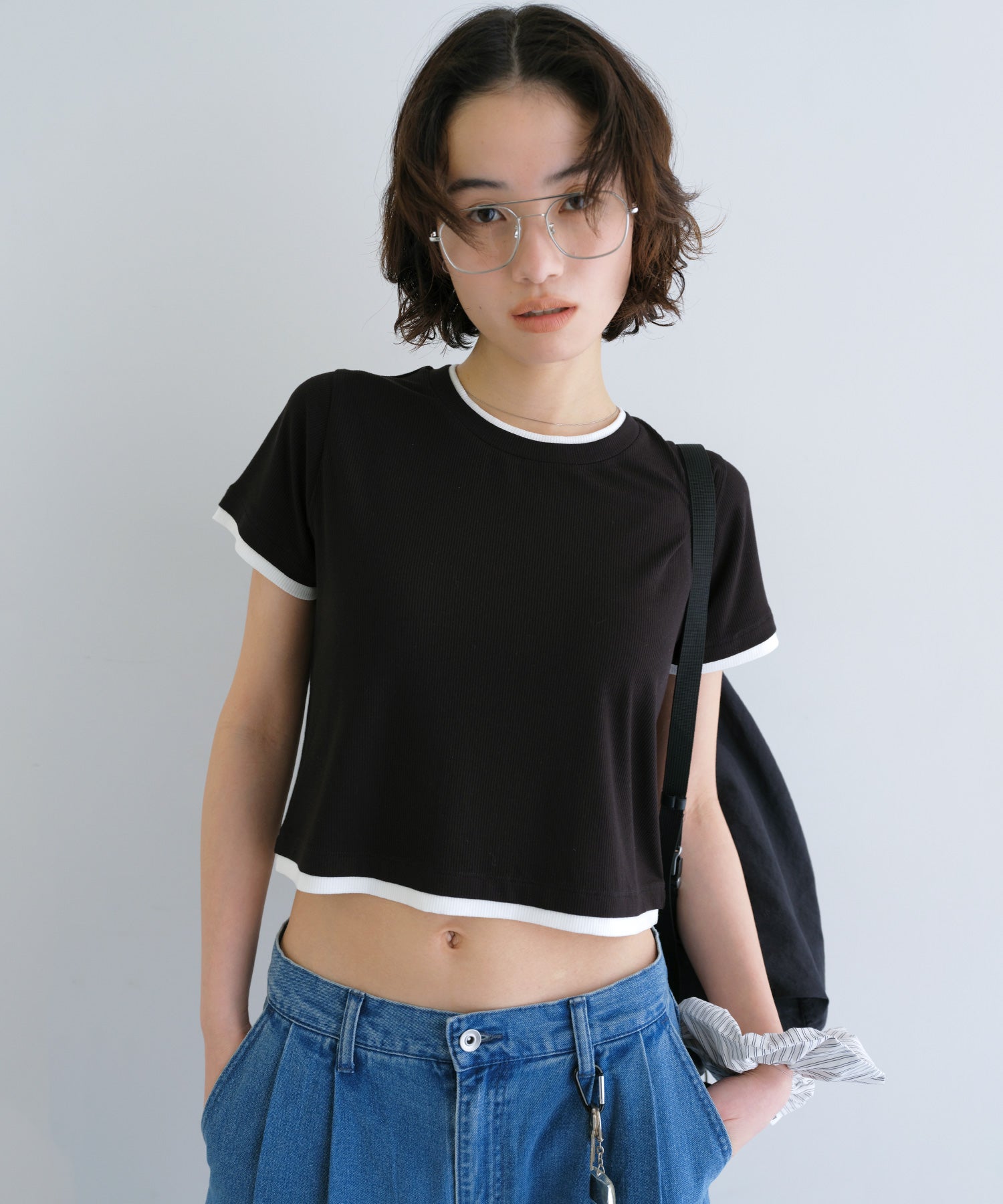 アンドミー andme テレコリブ バイカラー 半袖 トップス ANME アンメ （ブラック） ブラック