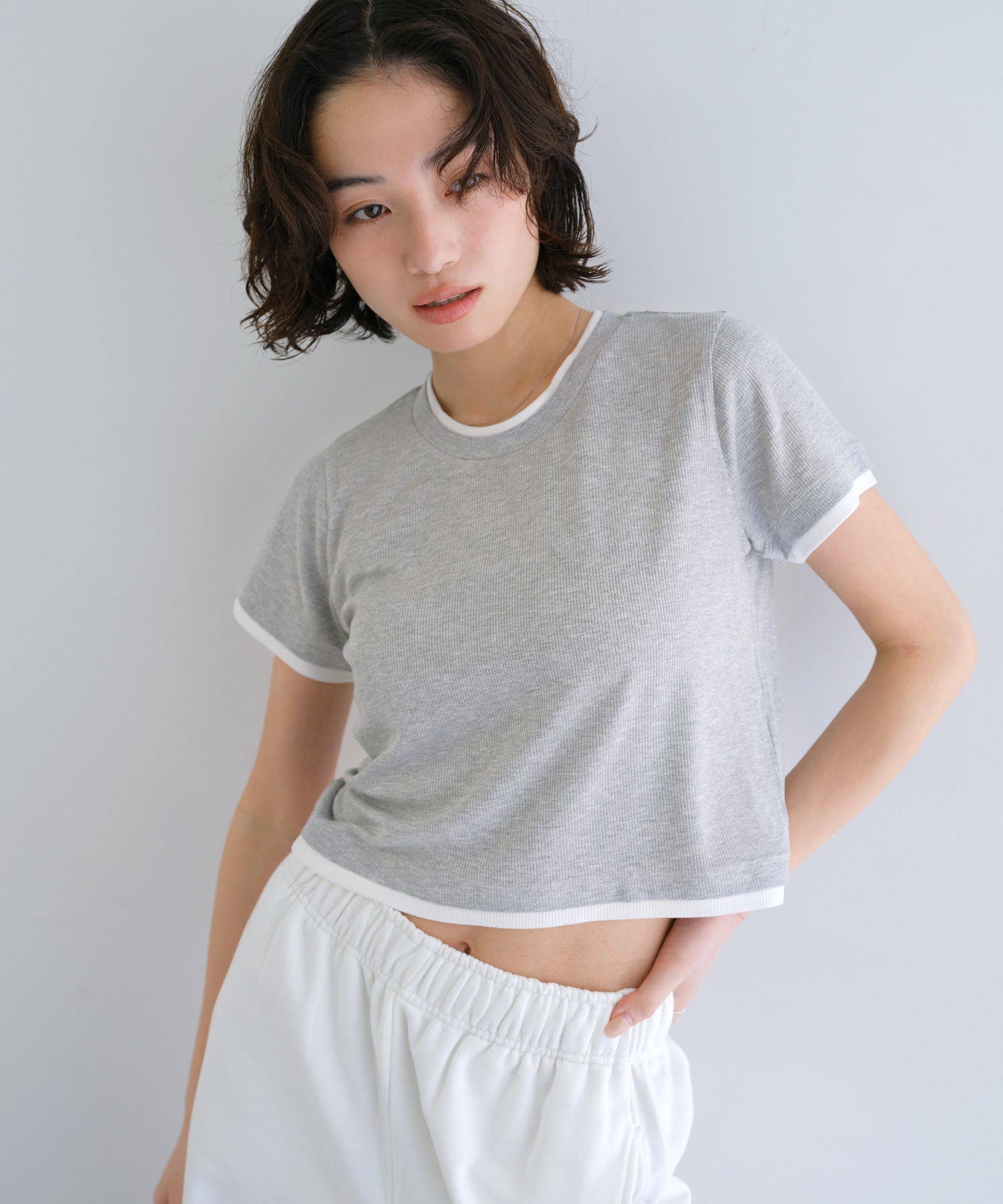 アンドミー andme テレコリブ バイカラー 半袖 トップス ANME アンメ （グレー杢） グレー杢