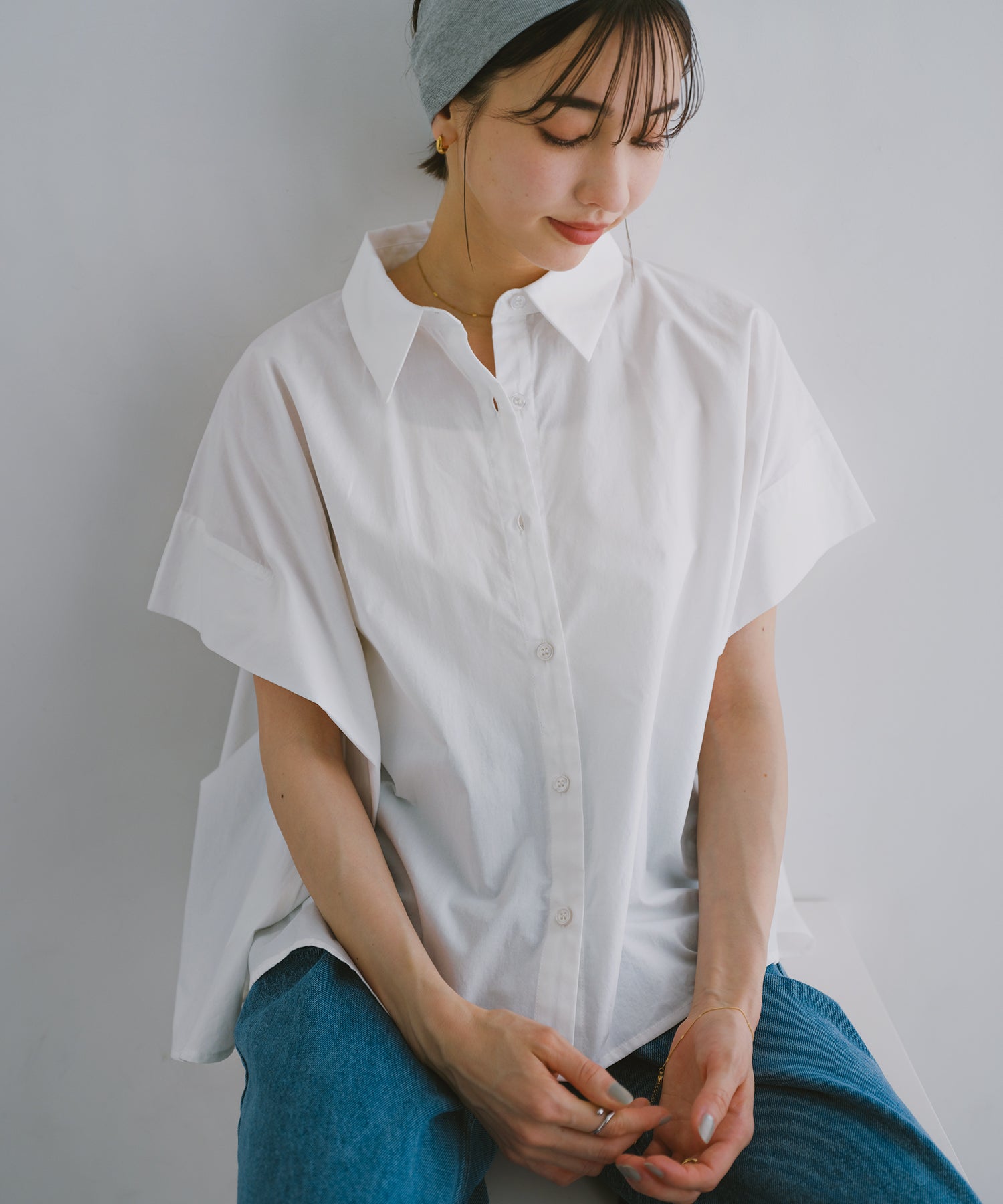 アンドミー andme コットン タックスリーブ シャツ ブラウス evernavy エバーネイビー （オフホワイト） オフホワイト