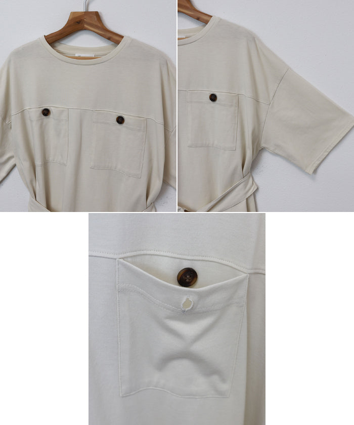 アンドミー andme 両胸ポケットベルト付き半袖Tシャツチュニック （エクリュ） エクリュ