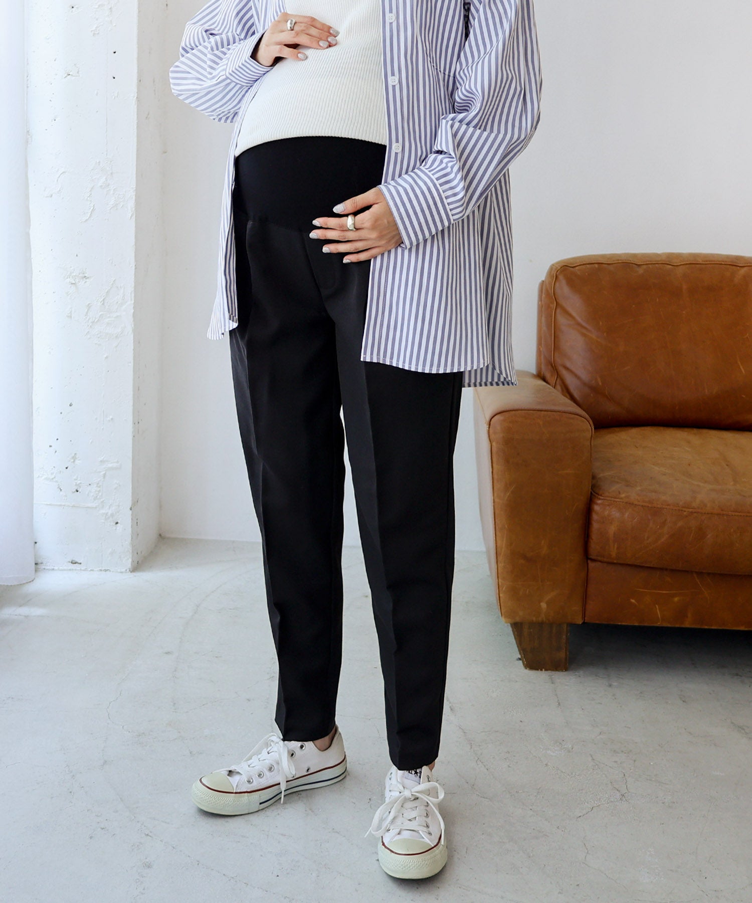 アンドミー andme マタニティテーパードパンツ ウエストゴム,ブラック