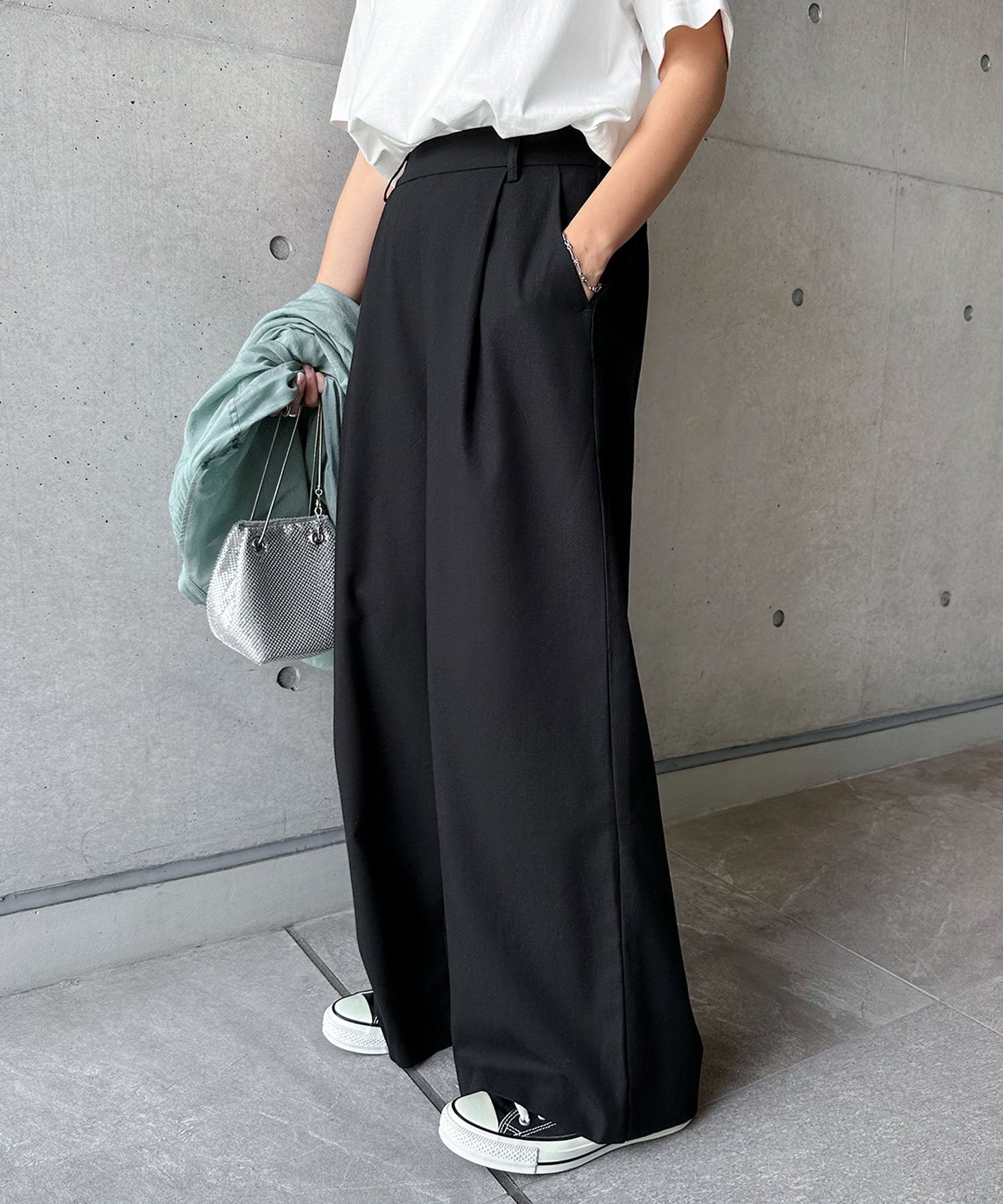 アンドミー andme レーヨンリネンタックワイドパンツ ウエストゴム