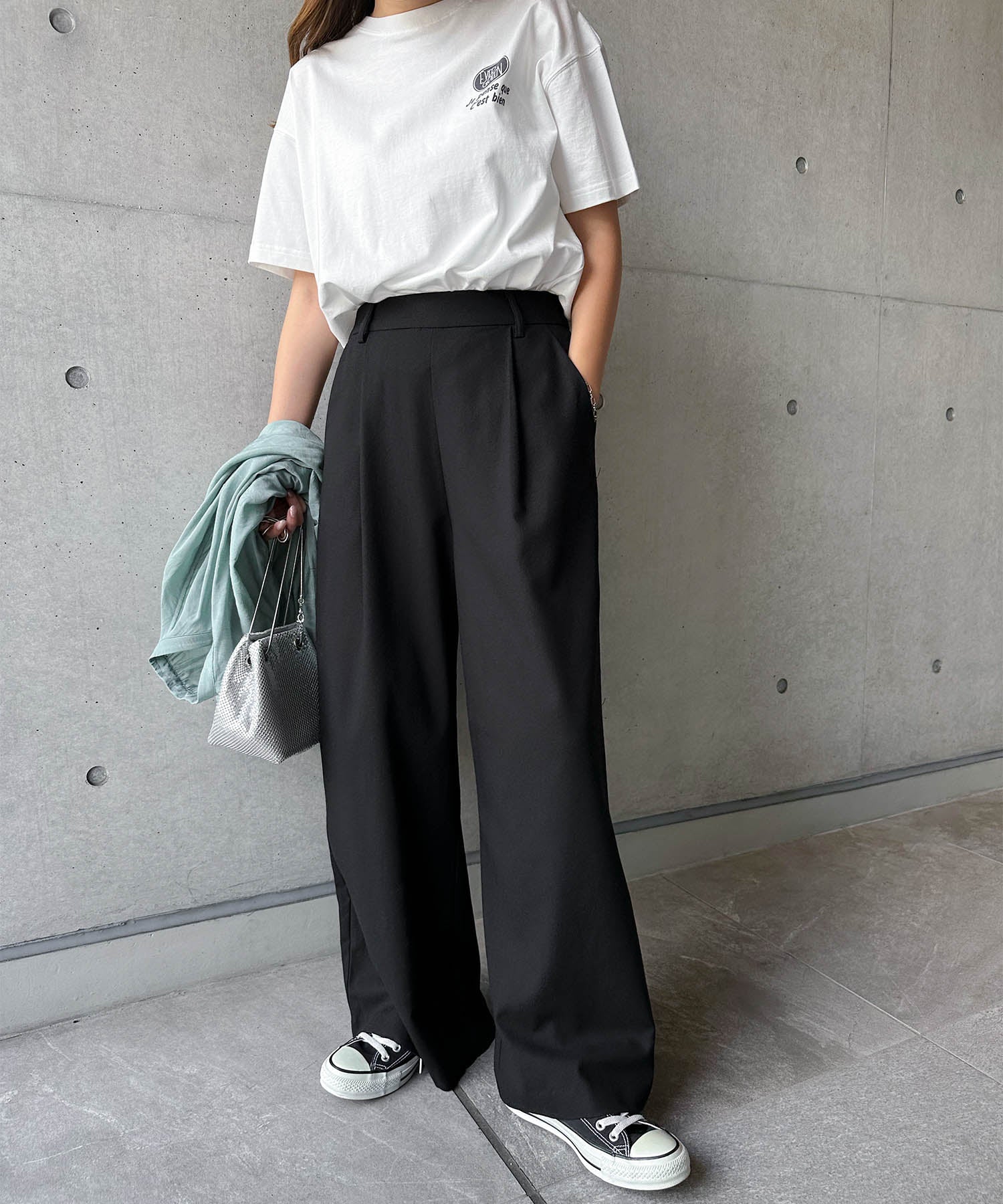 アンドミー andme レーヨンリネンタックワイドパンツ ウエストゴム