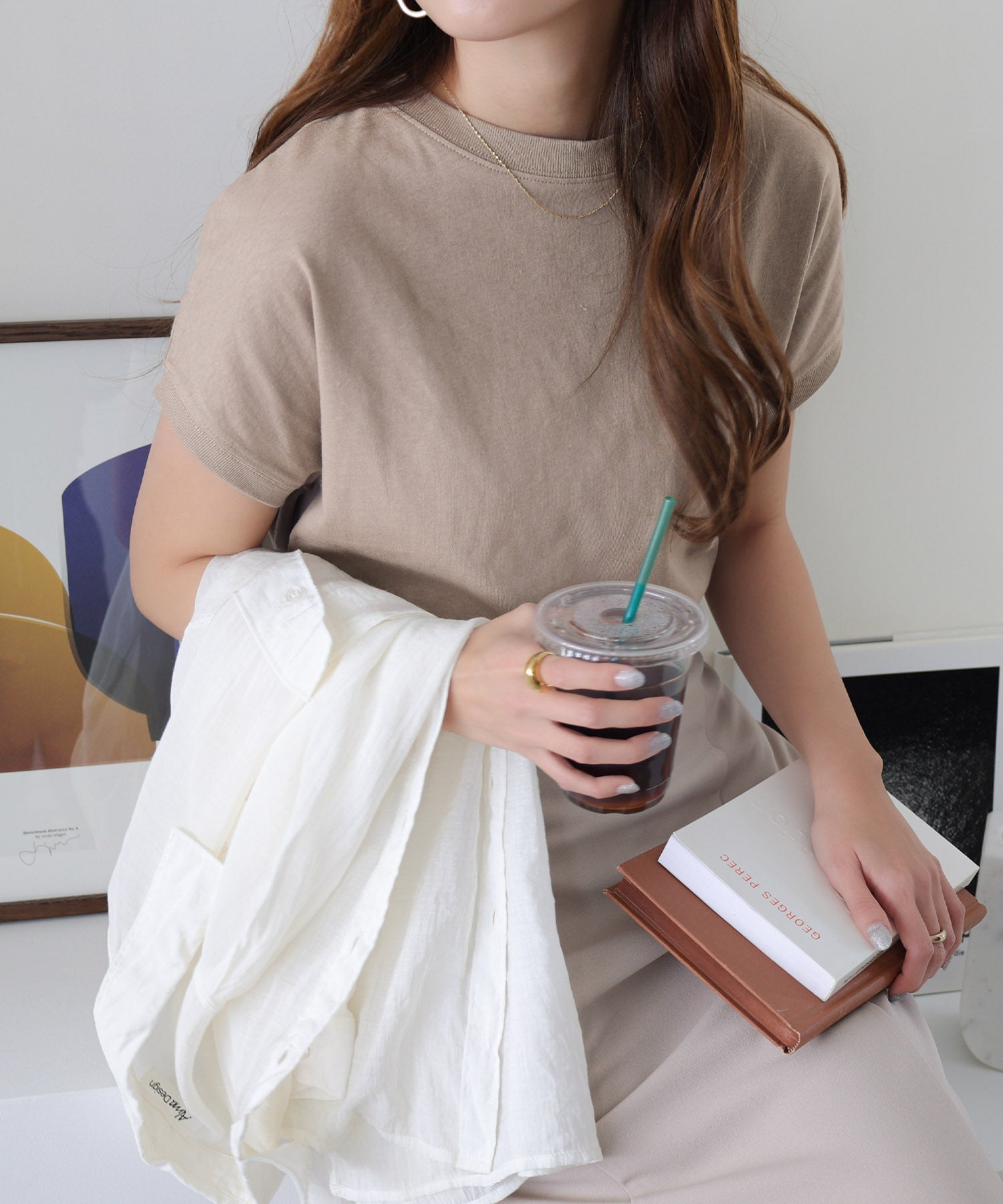 アンドミー andme USAコットン汗染み防止フレンチスリーブTシャツ （グレージュ） グレージュ
