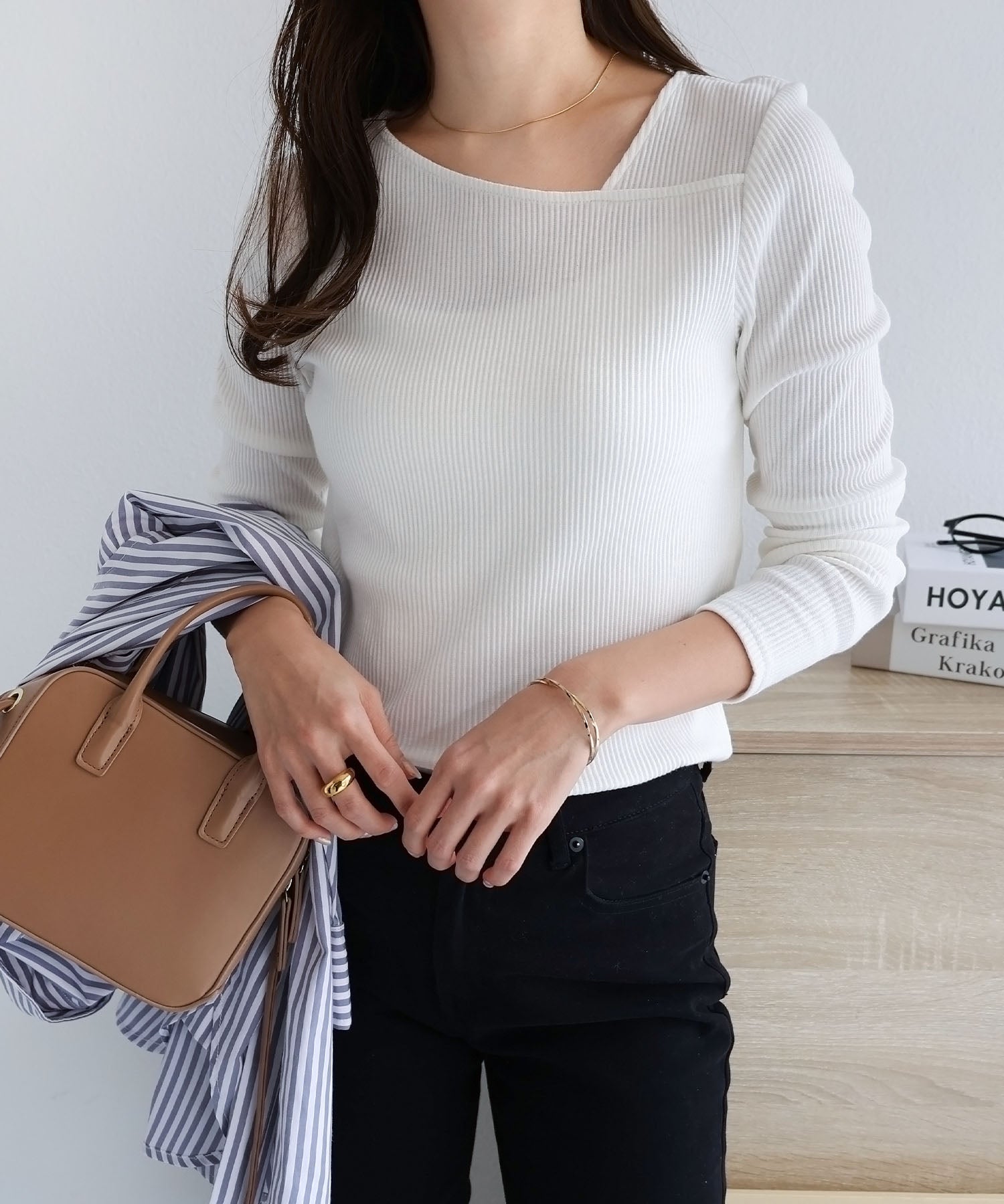 アンドミー andme テレコリブ長袖アシメネックTシャツ （オフホワイト） オフホワイト