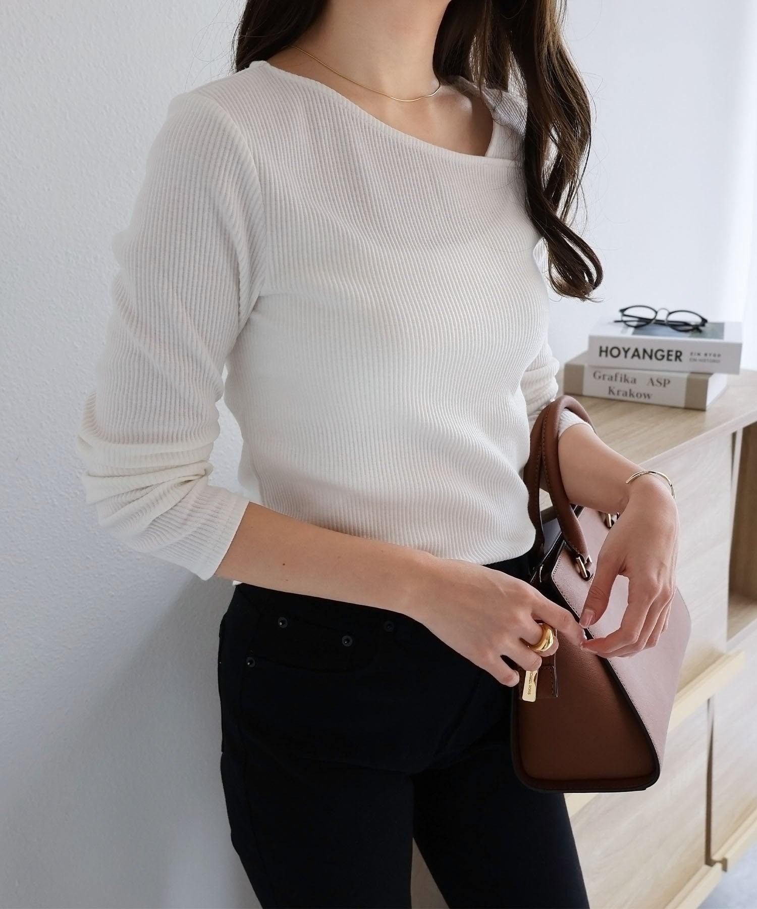 アンドミー andme テレコリブ長袖アシメネックTシャツ （オフホワイト） オフホワイト