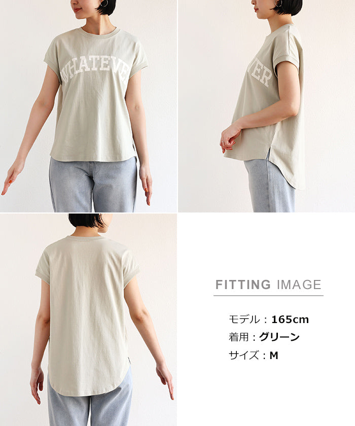 アンドミー andme コットン天竺フレンチスリーブロゴプリント裾ラウンドTシャツ トップス