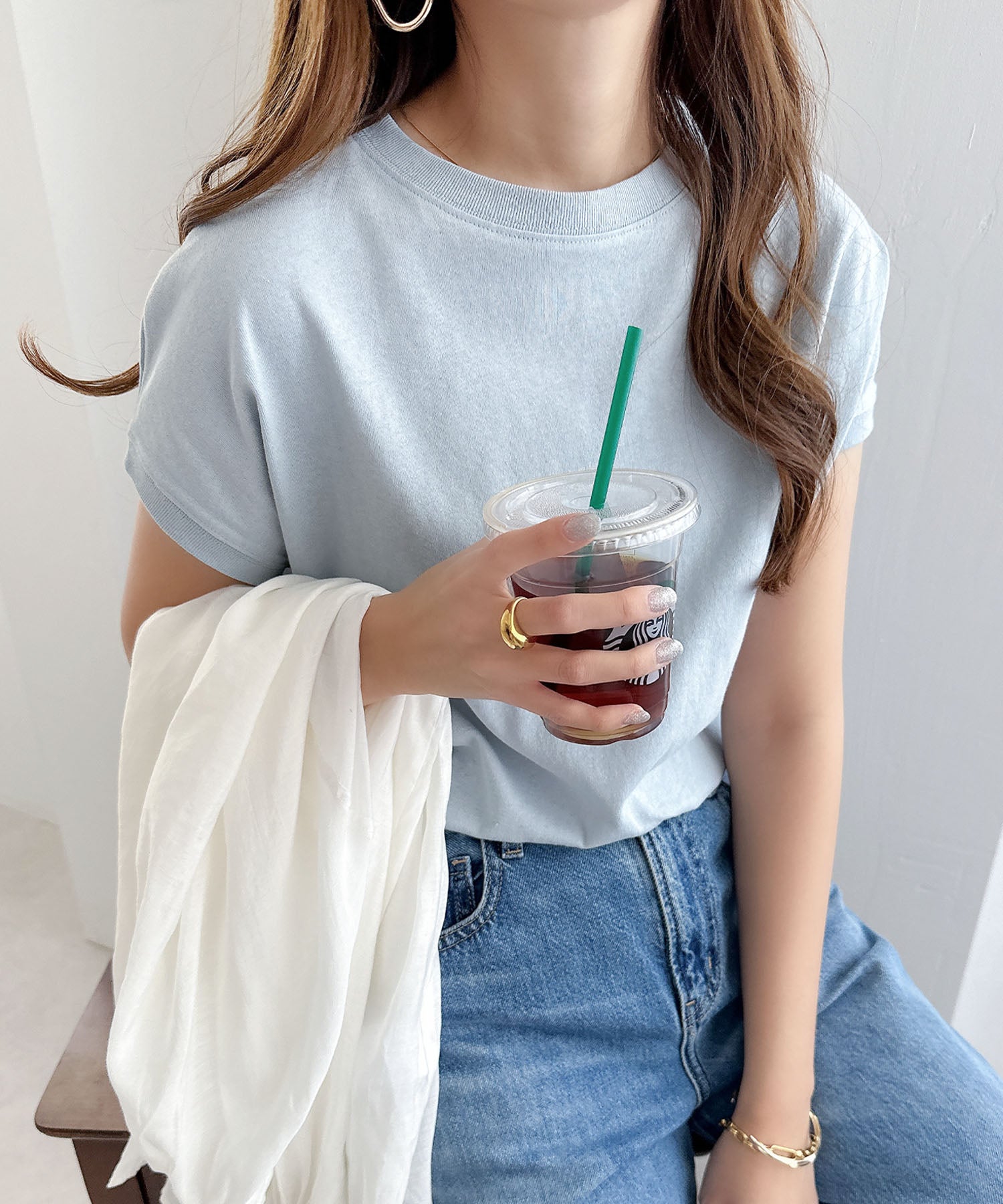 アンドミー andme USAコットン汗染み防止フレンチスリーブTシャツ トップス （ブルー） ブルー