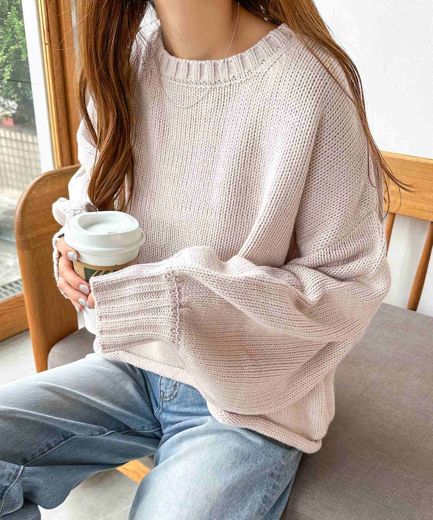 andme Acrylic Jersey Knit Long Sleeve Knit Top