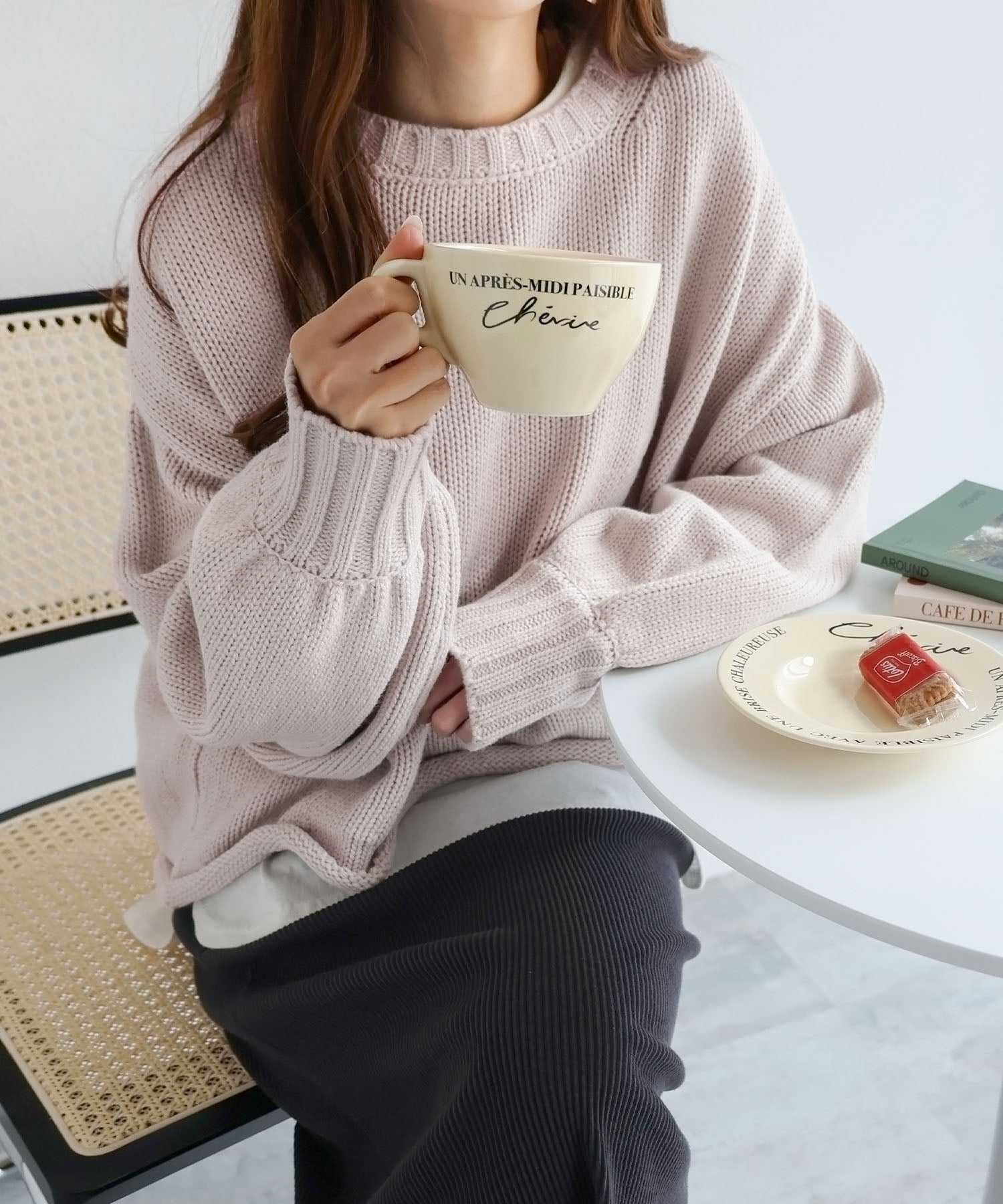 andme Acrylic Jersey Knit Long Sleeve Knit Top