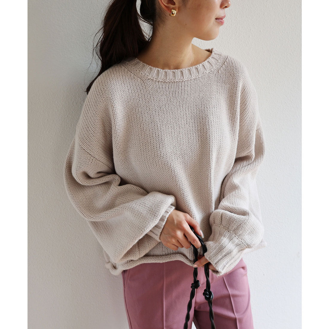andme Acrylic Jersey Knit Long Sleeve Knit Top