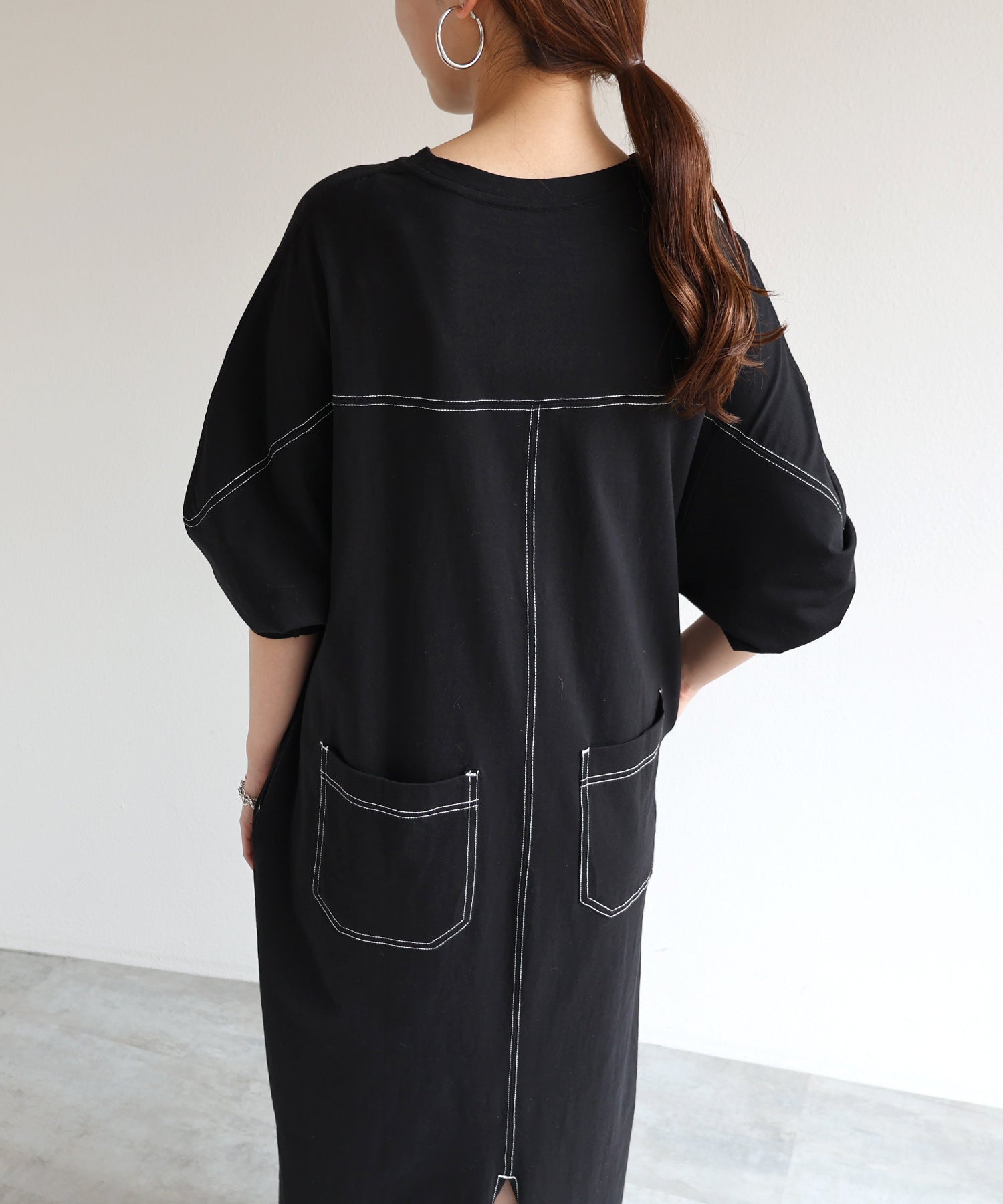アンドミー andme コットン長袖配色ステッチオーバーサイズTシャツワンピース