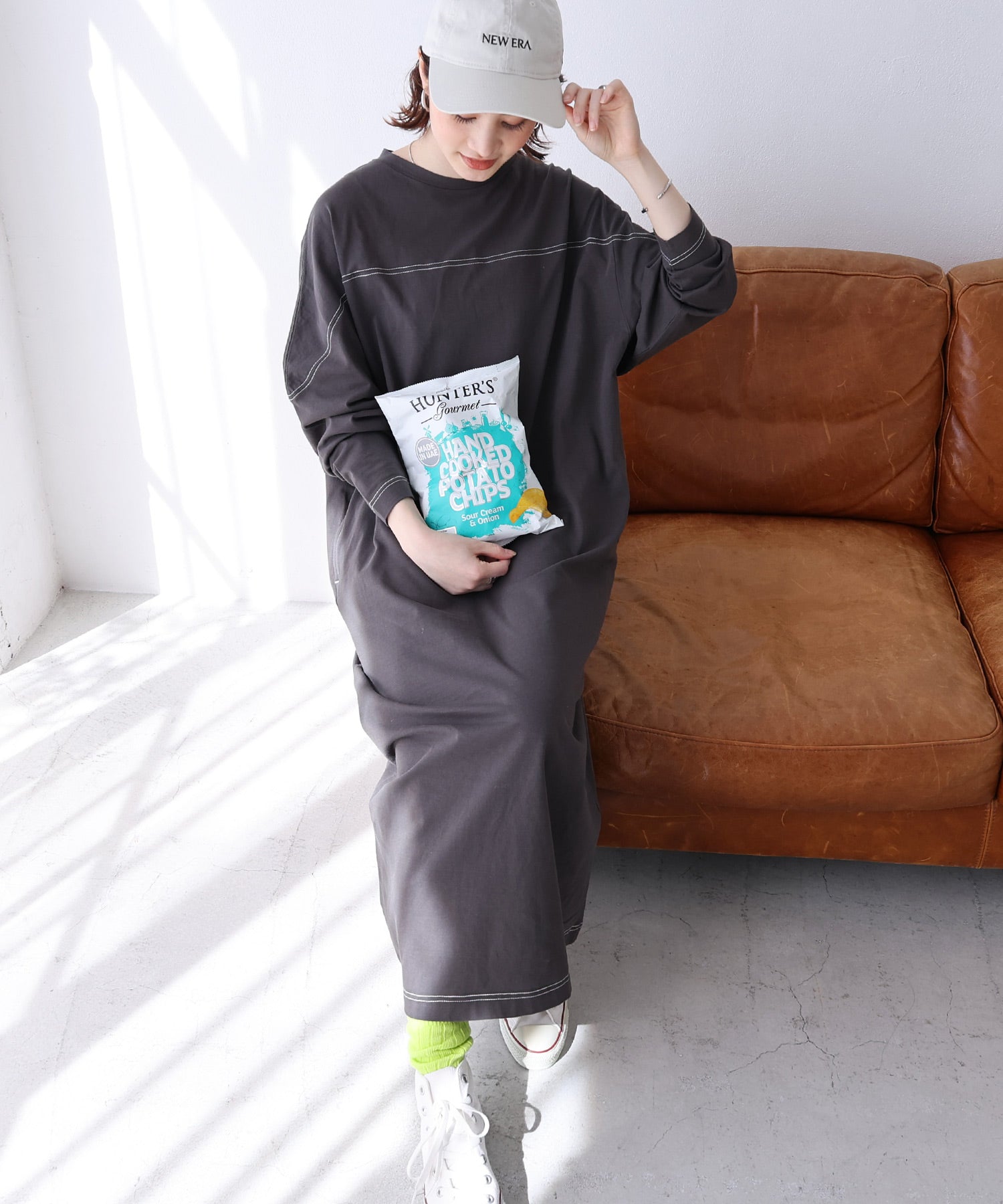 アンドミー andme コットン長袖配色ステッチオーバーサイズTシャツワンピース