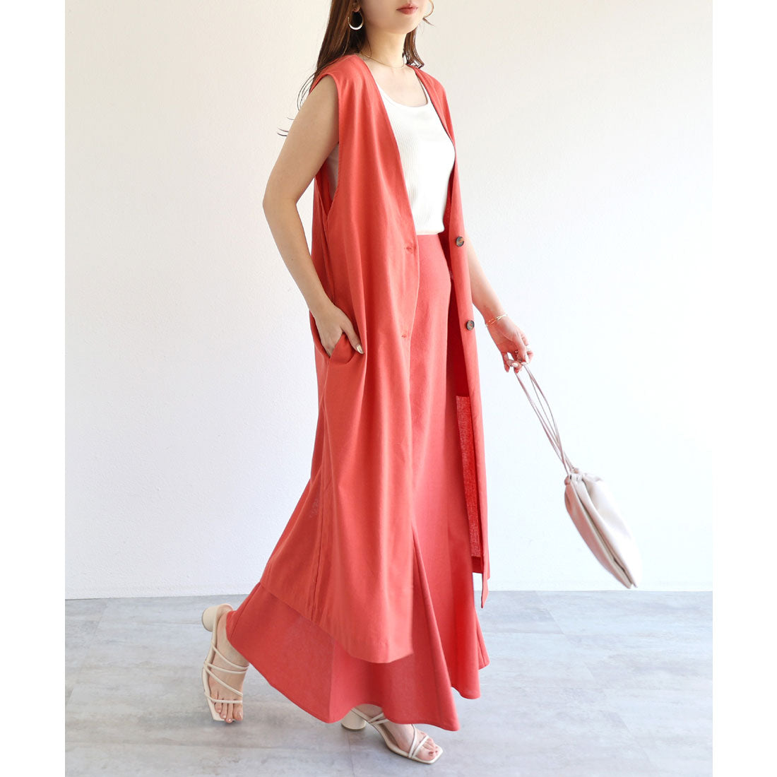 andme Rayon Linen V-neck Long Gilet Dress